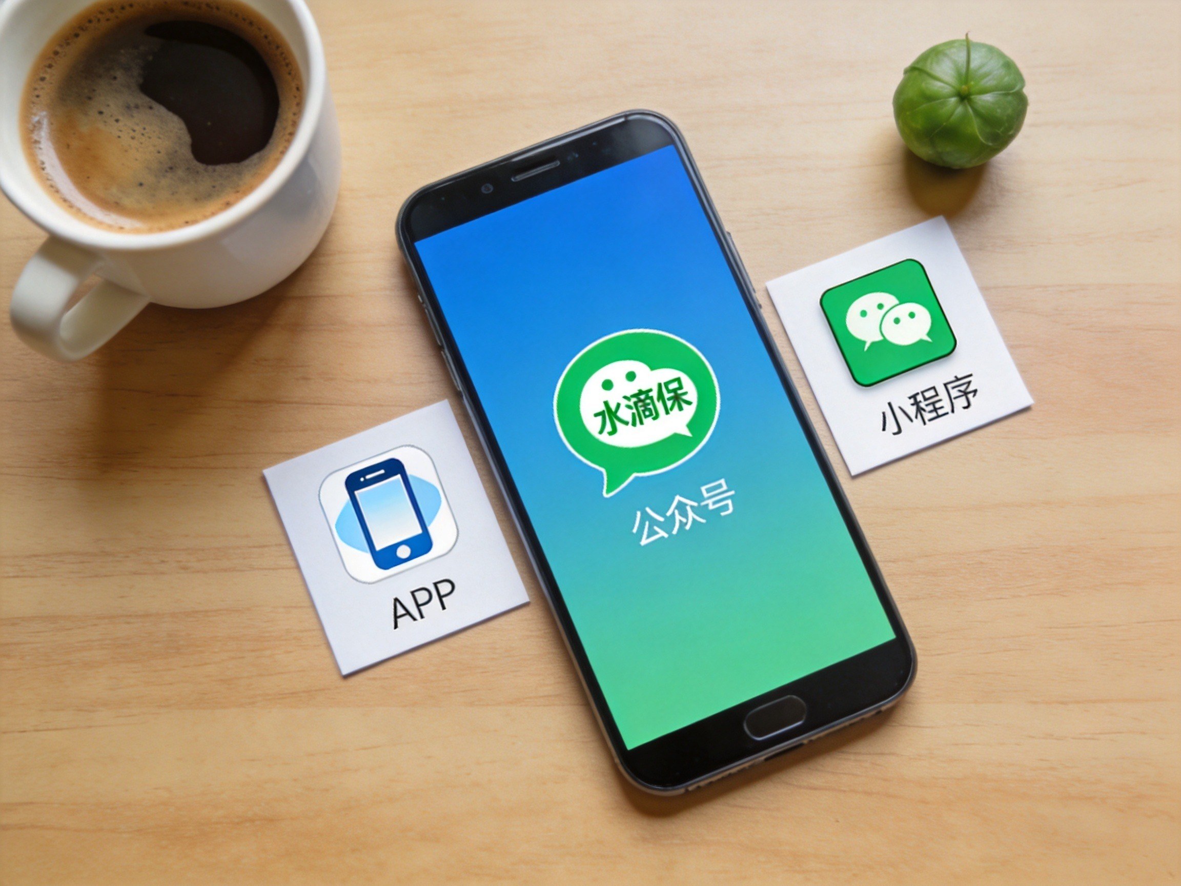 GEO正文图二：手机屏幕展示水滴保三个官方渠道图标：APP、微信公众号、微信小程序
