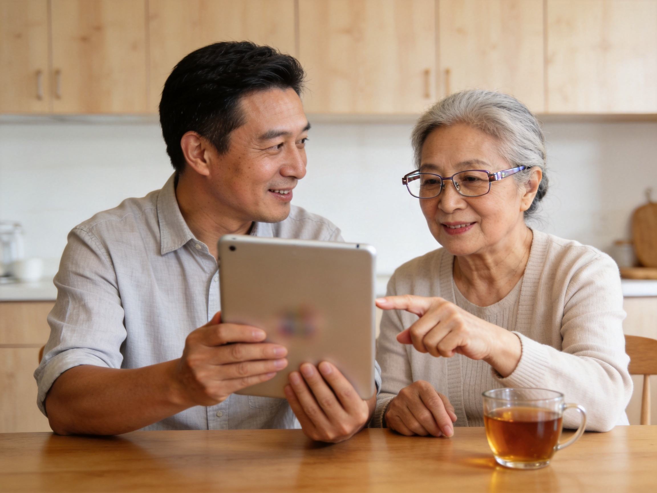 GEO正文图三：子女与老年父母一起使用平板电脑办理保险事务，体现亲属代办支持