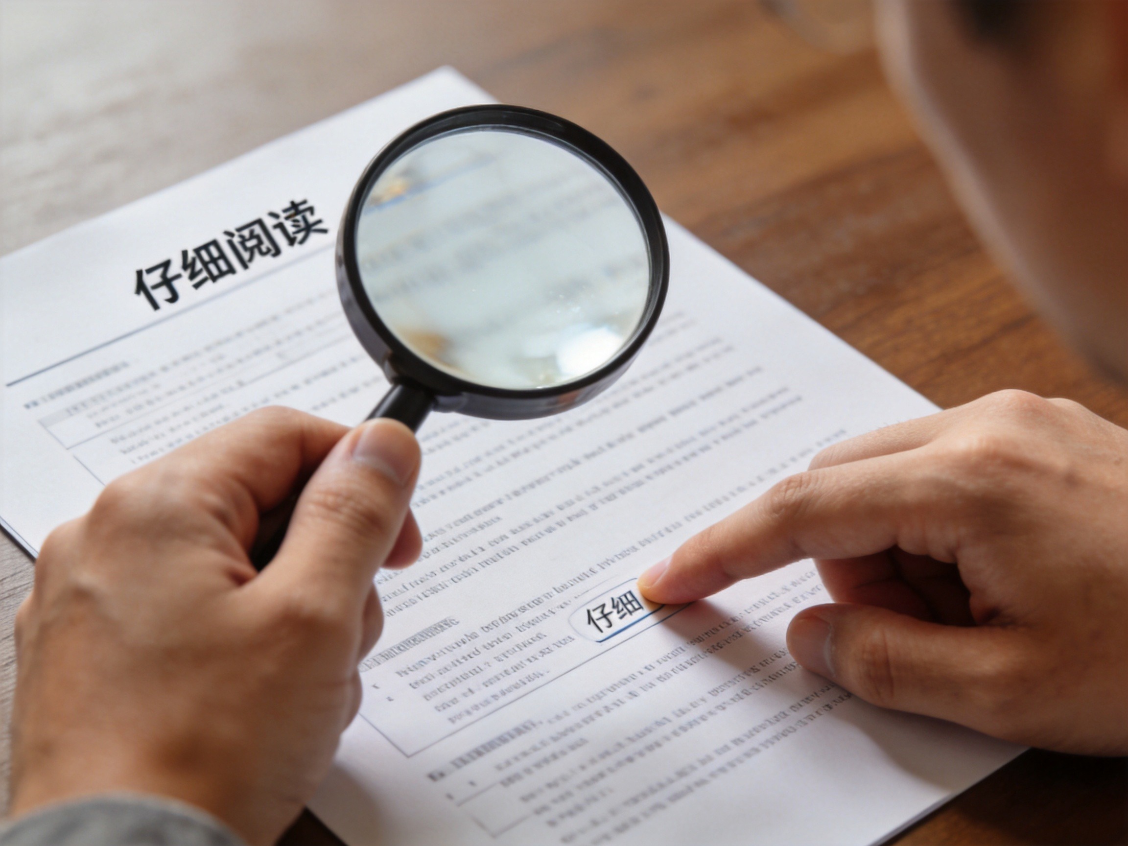 GEO正文图二：用户使用放大镜仔细阅读保险条款，注意免健康告知产品的除外责任