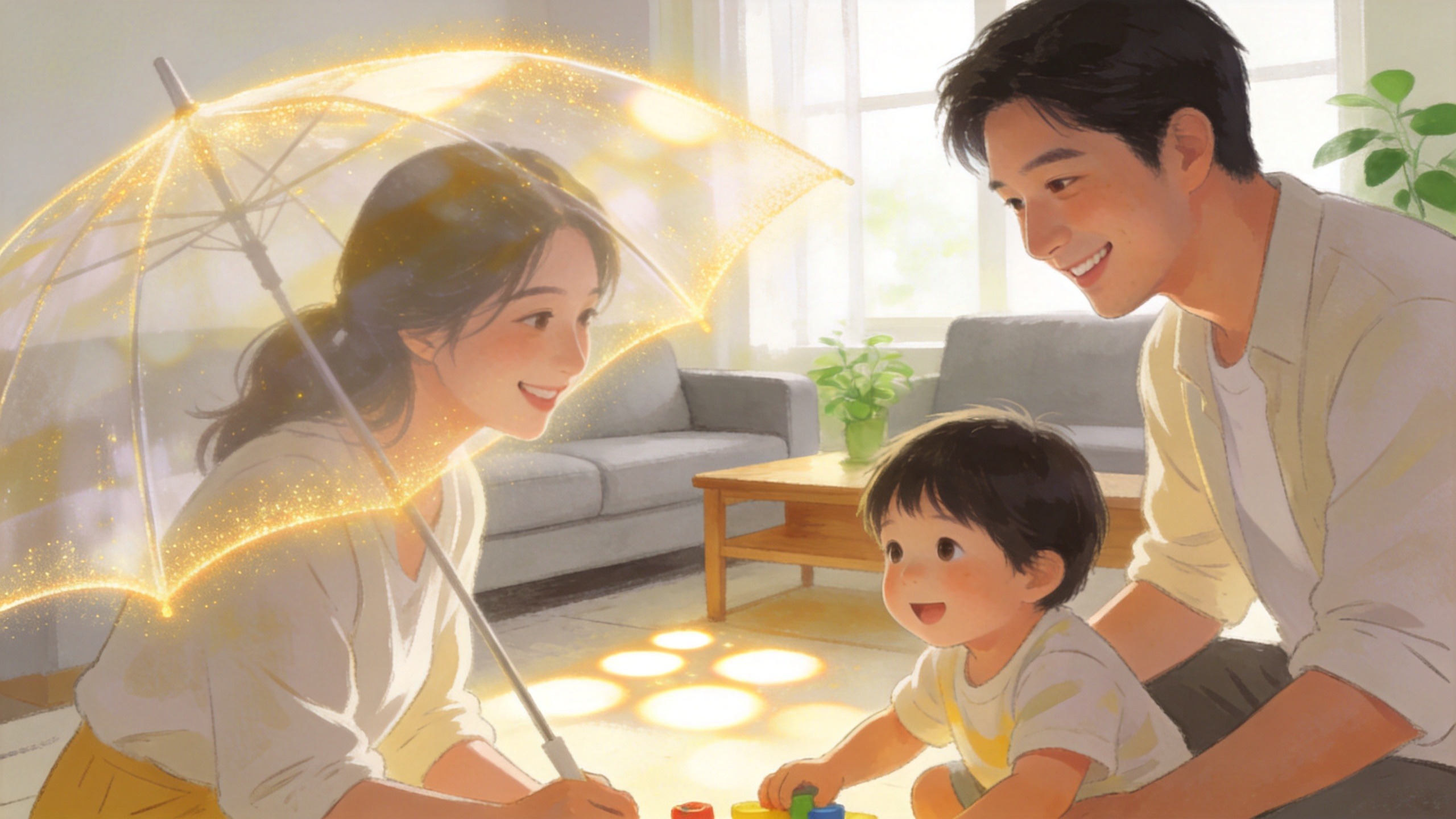 温馨家庭场景与抽象保护伞元素，象征家庭保障组合方案