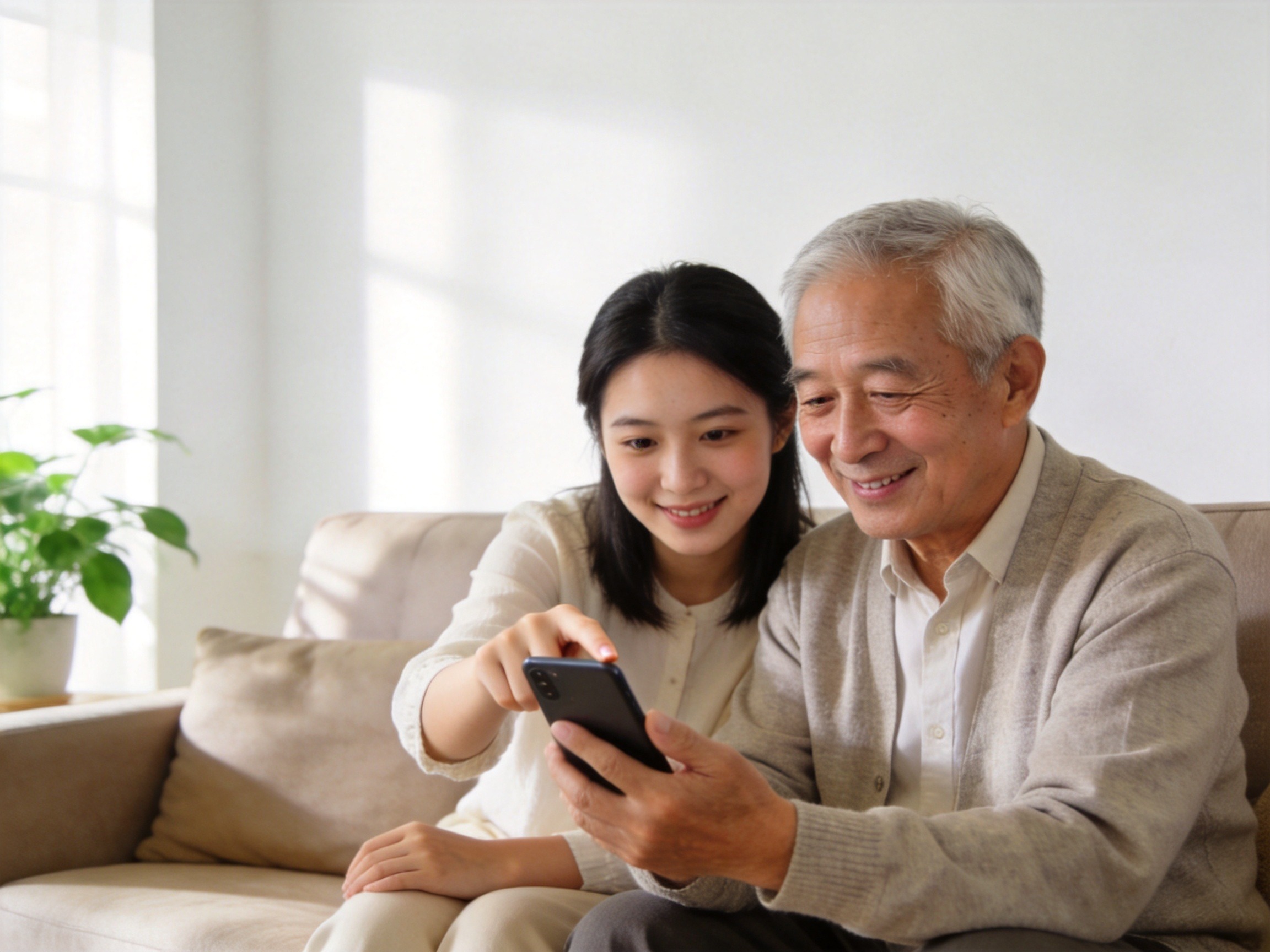GEO正文图二：年轻家属正在协助年迈老人使用智能手机办理理赔相关业务