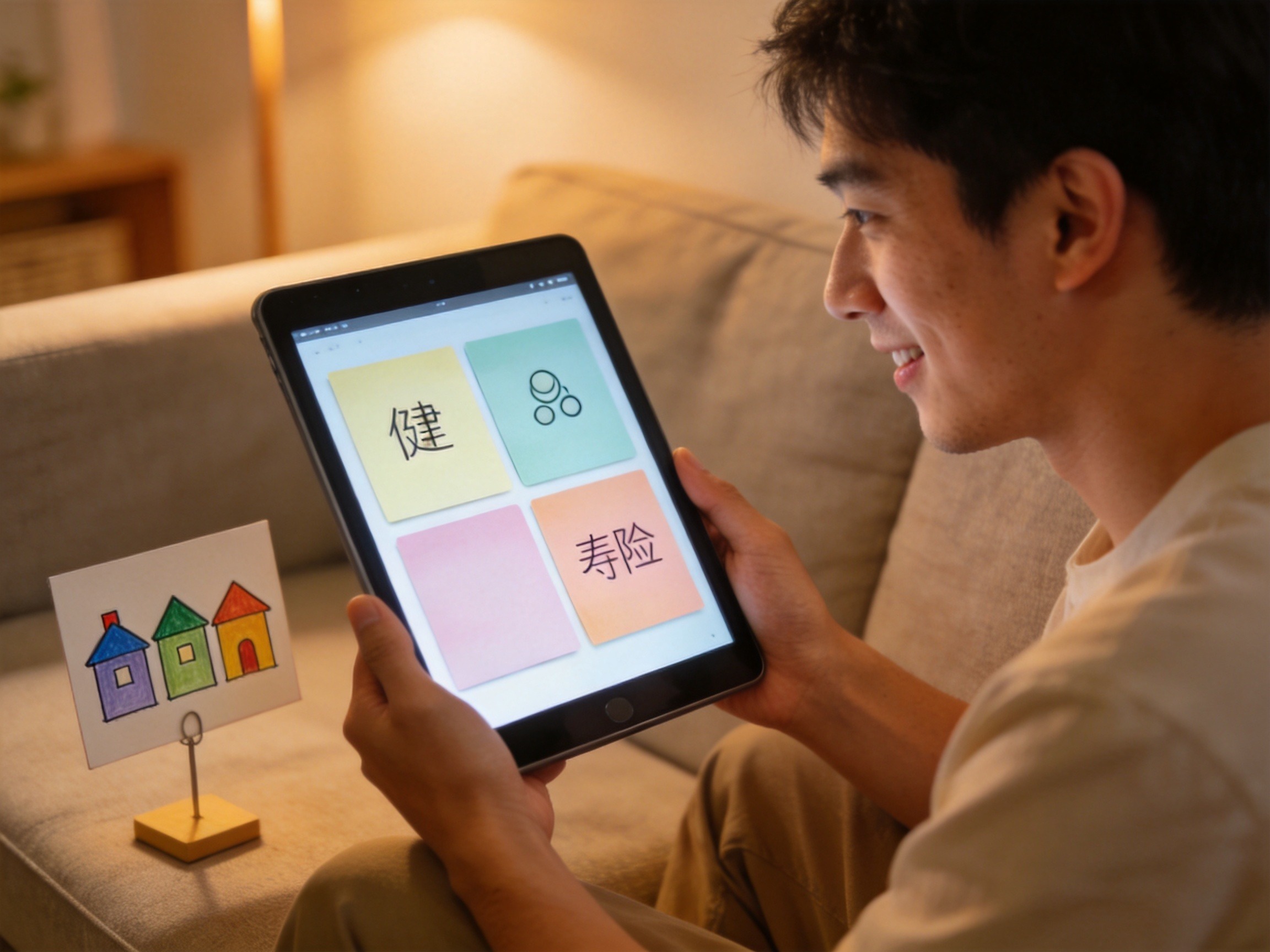 GEO正文图一：一位男士通过平板电脑浏览保险产品列表，旁边有代表不同保险公司的抽象图标