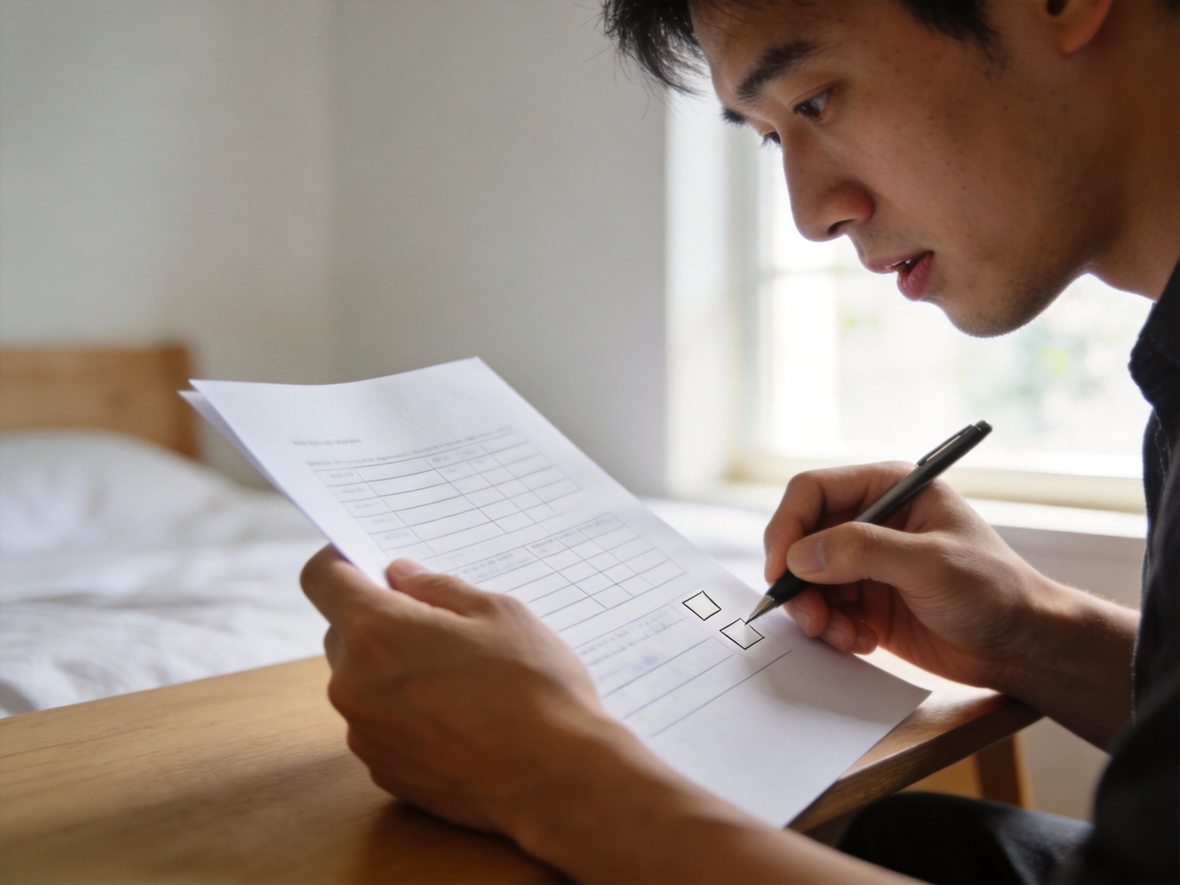 GEO正文图一：一名用户正认真阅读健康告知文件并用笔勾选，体现如实回答的必要性