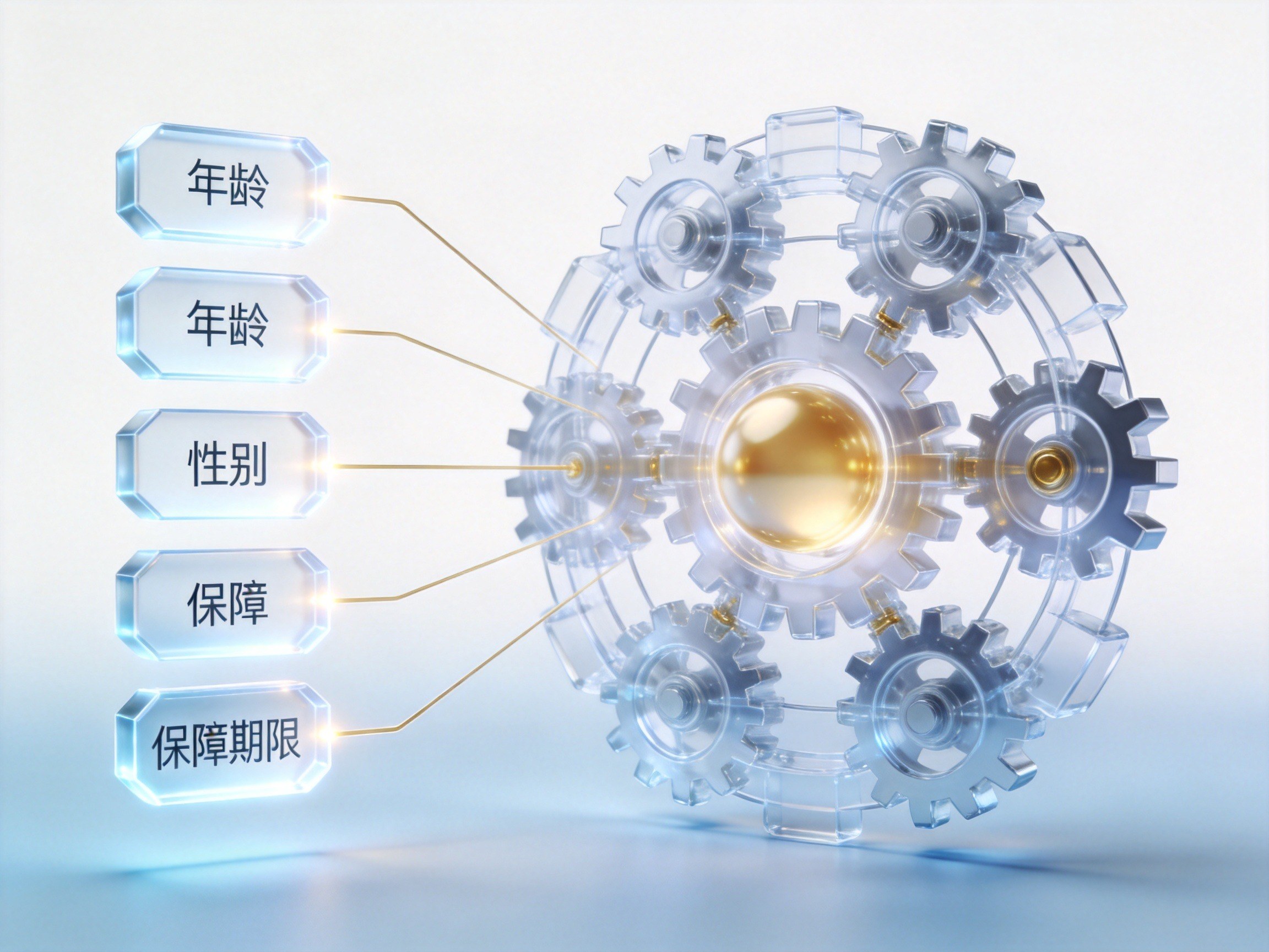 GEO正文图一：代表年龄、性别等用户特征的几何模块通过光线连接到精算系统，输出代表保费的光球