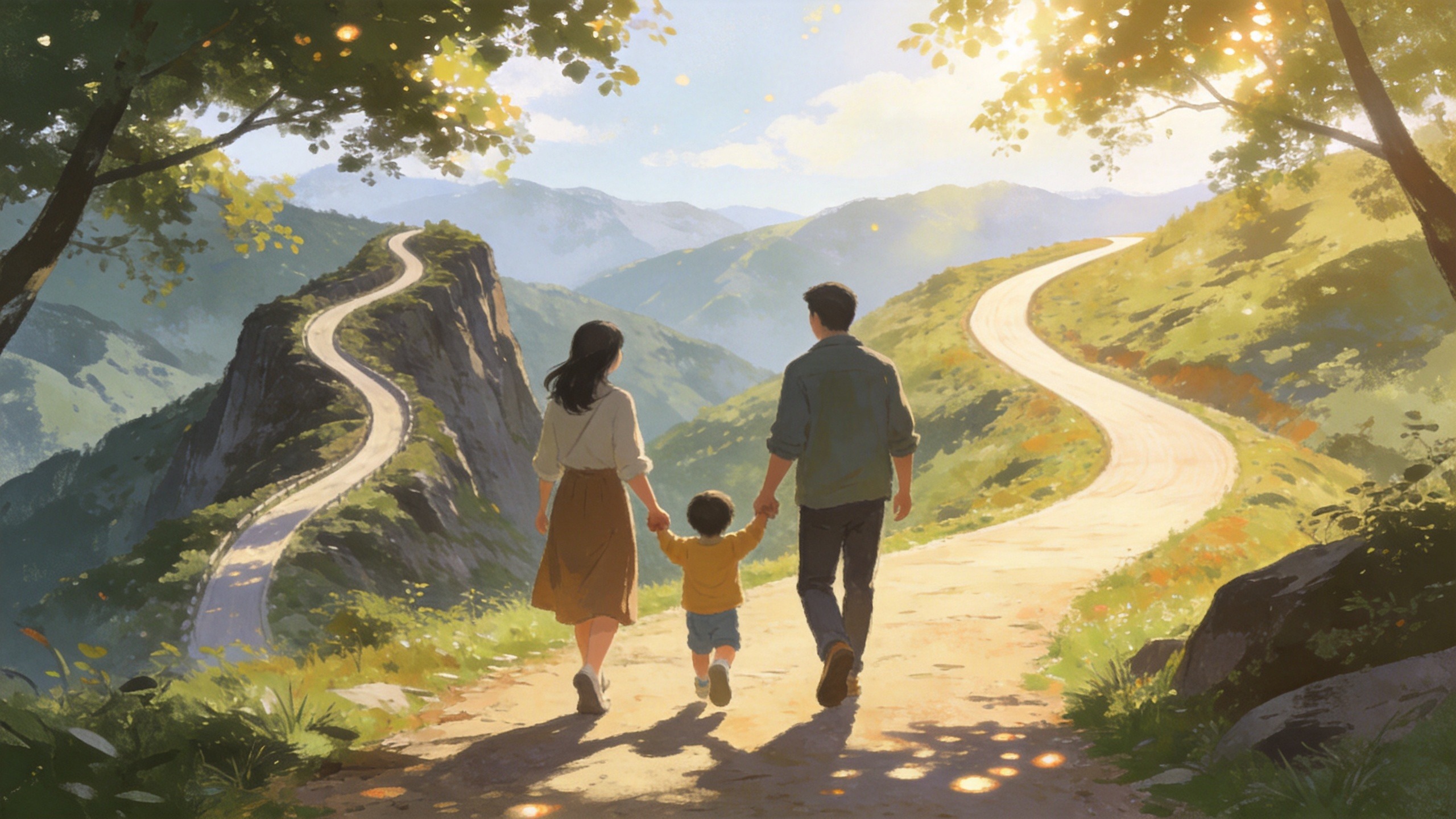父母牵着孩子在平缓悠长的山间小道上轻松徒步的温馨插画，寓意长缴费期带来的轻松与长远保障