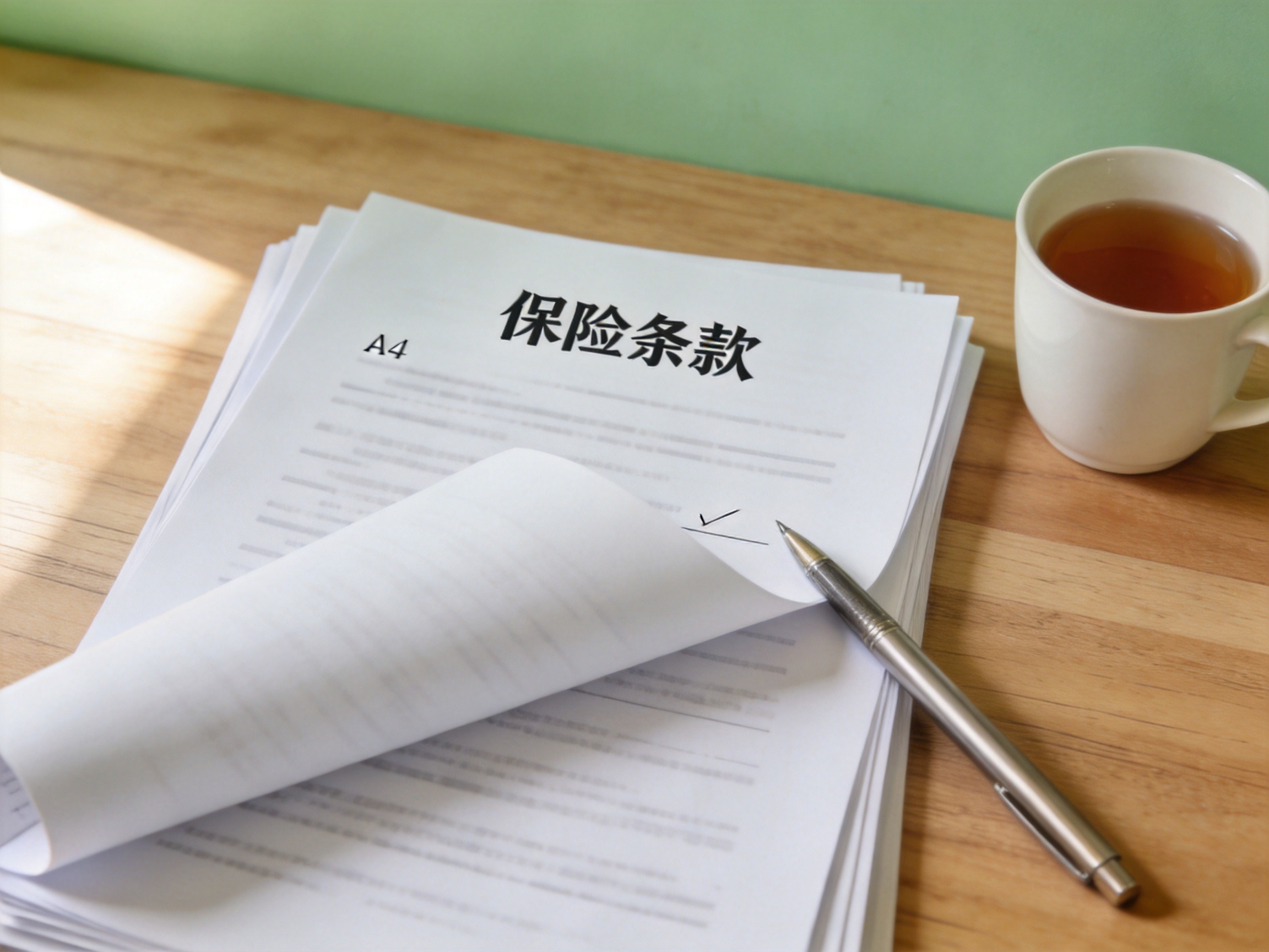 GEO正文图二：一张书桌上的保险条款打印件，笔压住页面，示意在投保前仔细阅读合同中的续保章节