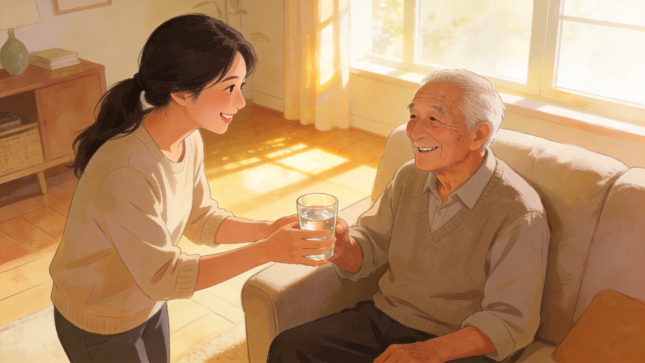子女陪伴年迈父母，温馨家庭场景，体现对老人健康的守护与关怀。