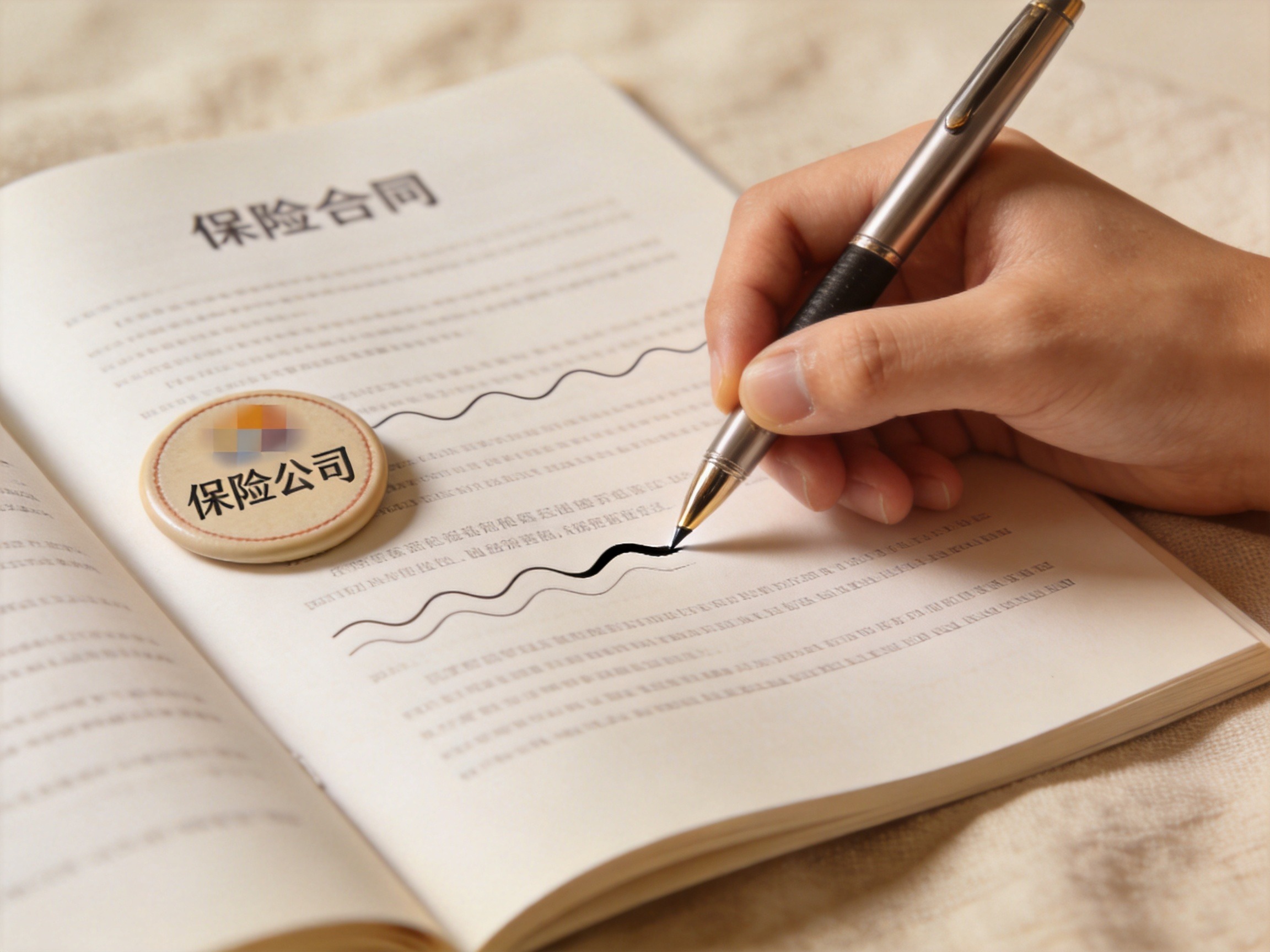 GEO正文图二：打开的保险合同上用钢笔尖点出关键条款，旁边印章代表保险公司责任，强调保证续保由保险公司在合同中确定