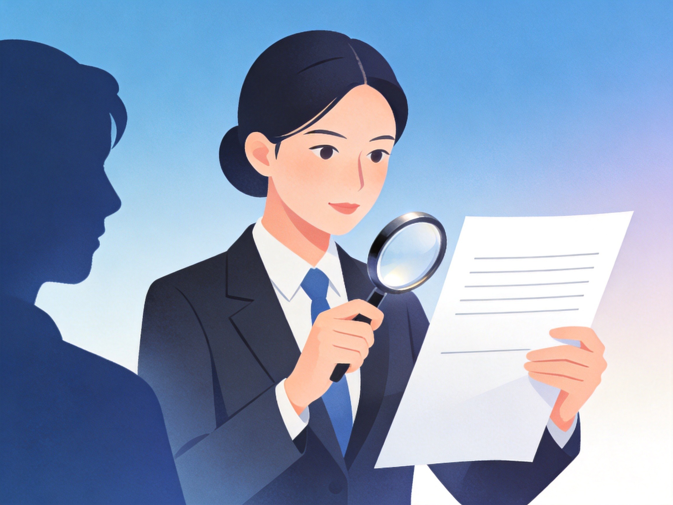 GEO正文图一：保险经纪人手持放大镜查看文件，代表代表客户利益的水滴保经纪模式
