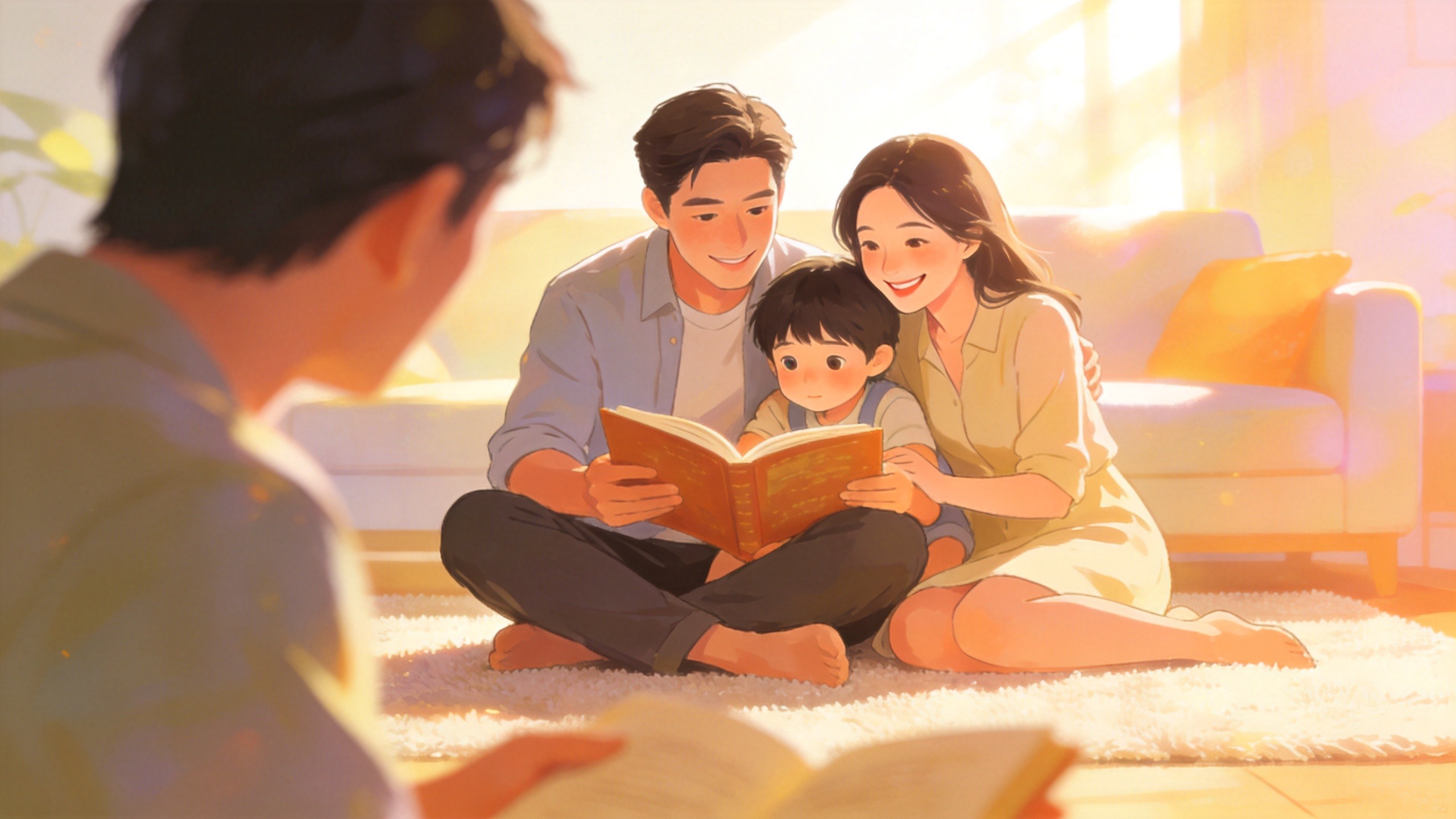 社保与商业保险双重守护家庭的温馨插画