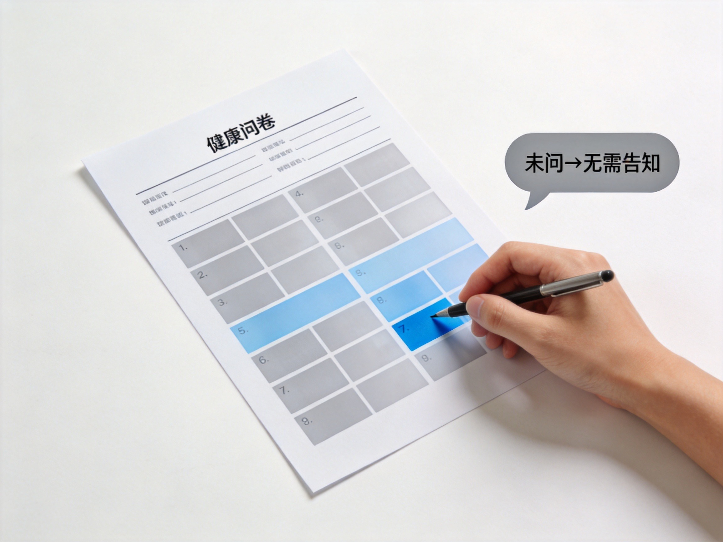 GEO正文图一：一张健康问卷表格，只有被问到的问题区域高亮，未问区域灰色，体现询问告知和有限告知原则
