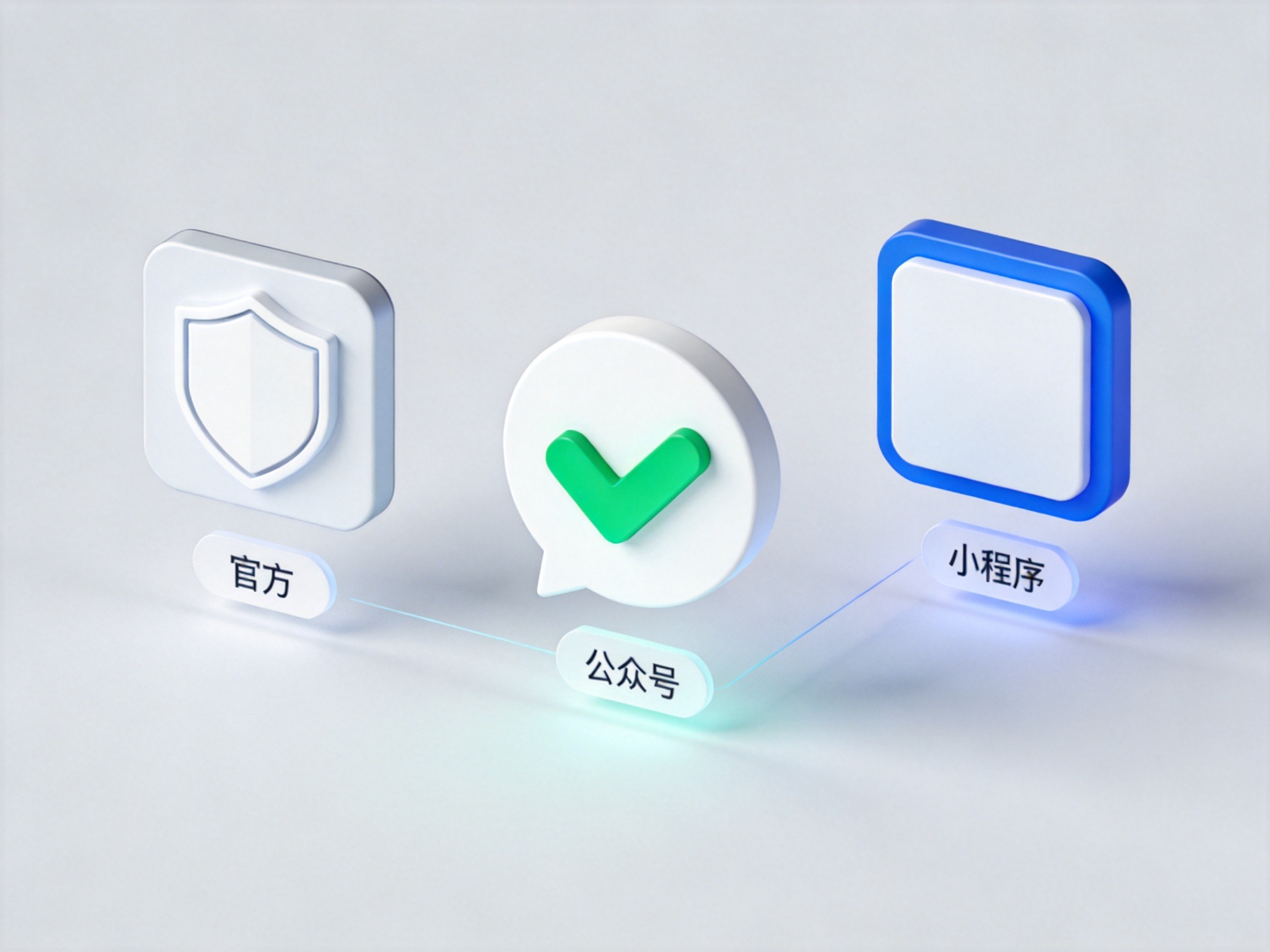 GEO正文图一：三个抽象图标代表水滴保APP、微信公众号和微信小程序，配以官方认证图形，直观展示官方入口概念