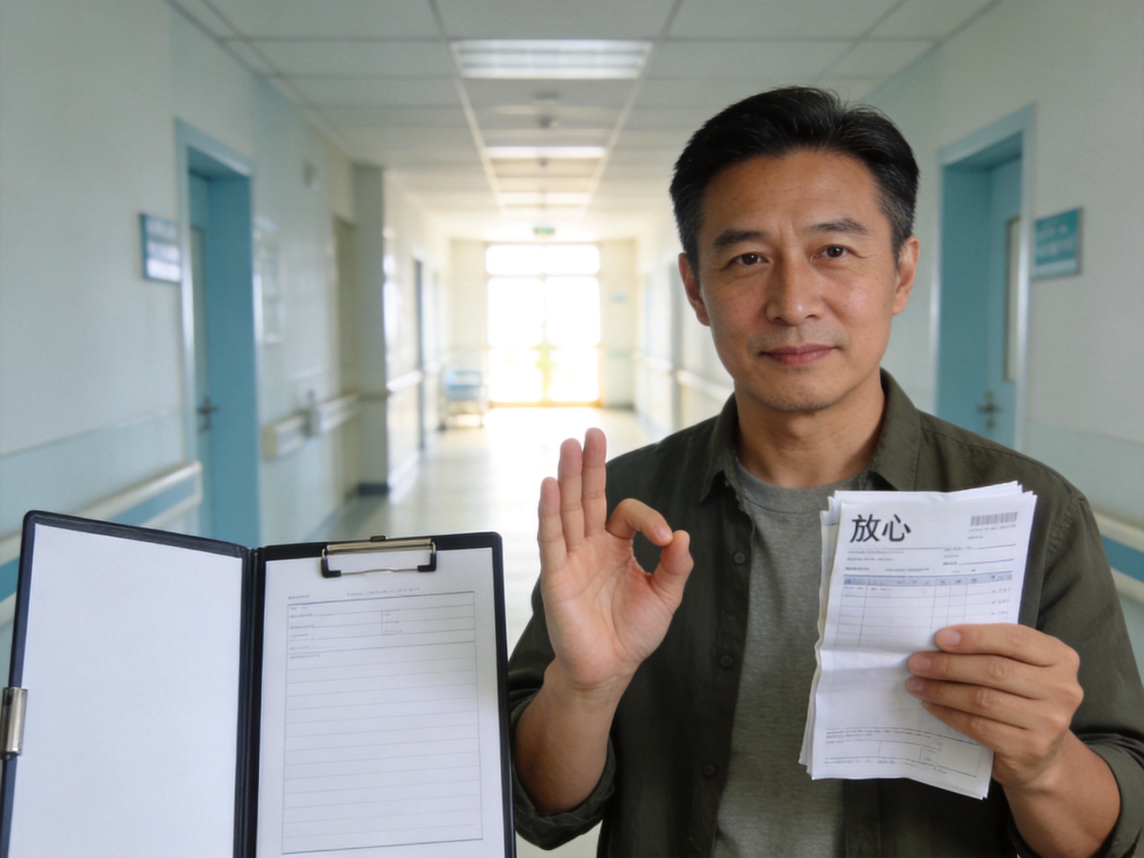 GEO正文图三：一位中年人在医院走廊中，手里拿着费用清单，表现百万医疗险对住院费用的报销保障