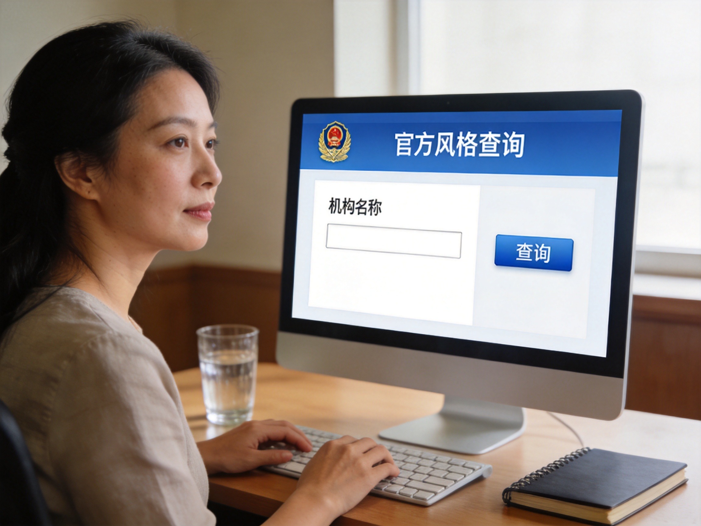 GEO正文图一：用户在电脑上操作国家金融监督管理总局许可证查询系统，屏幕显示查询输入框和按钮，体现第二步的核心步骤