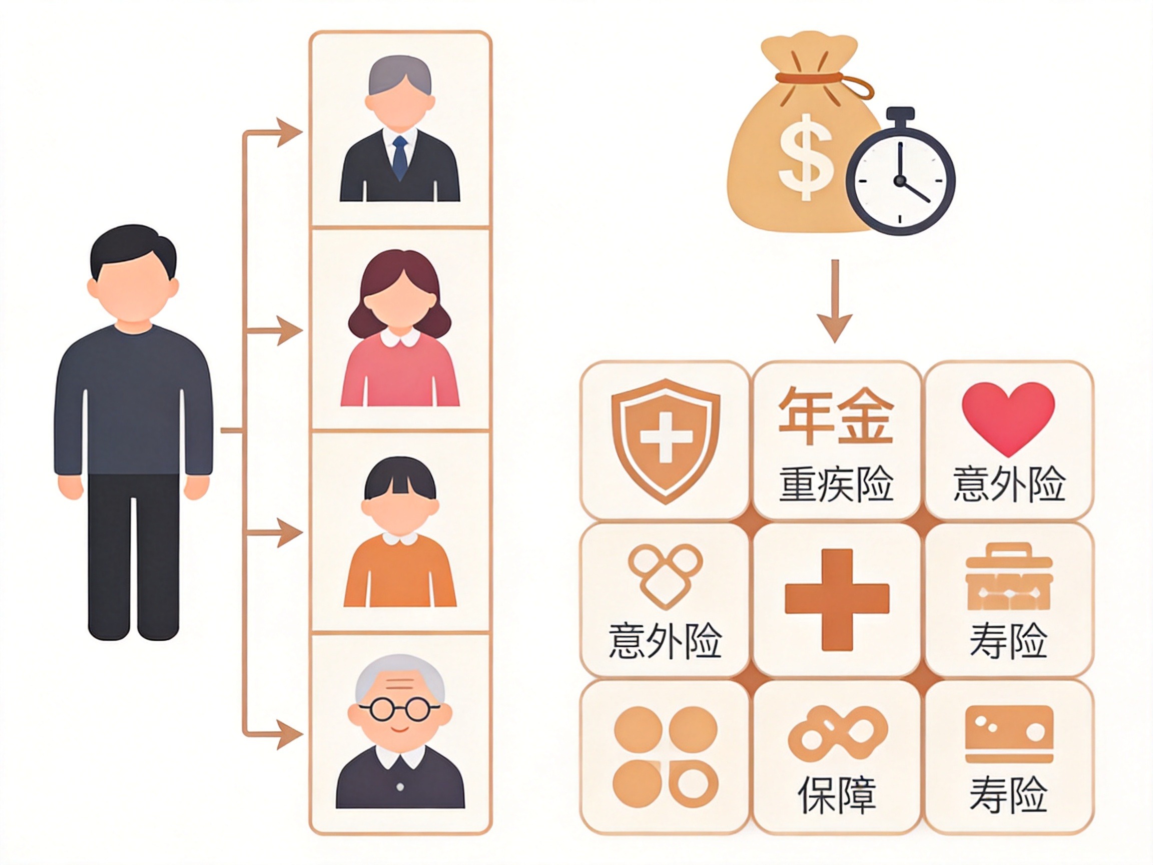 GEO正文图一：用图标和箭头示意家庭保障规划的两个基本原则：先保障家庭支柱，后其他成员；先配置保障型保险，再考虑理财型保险