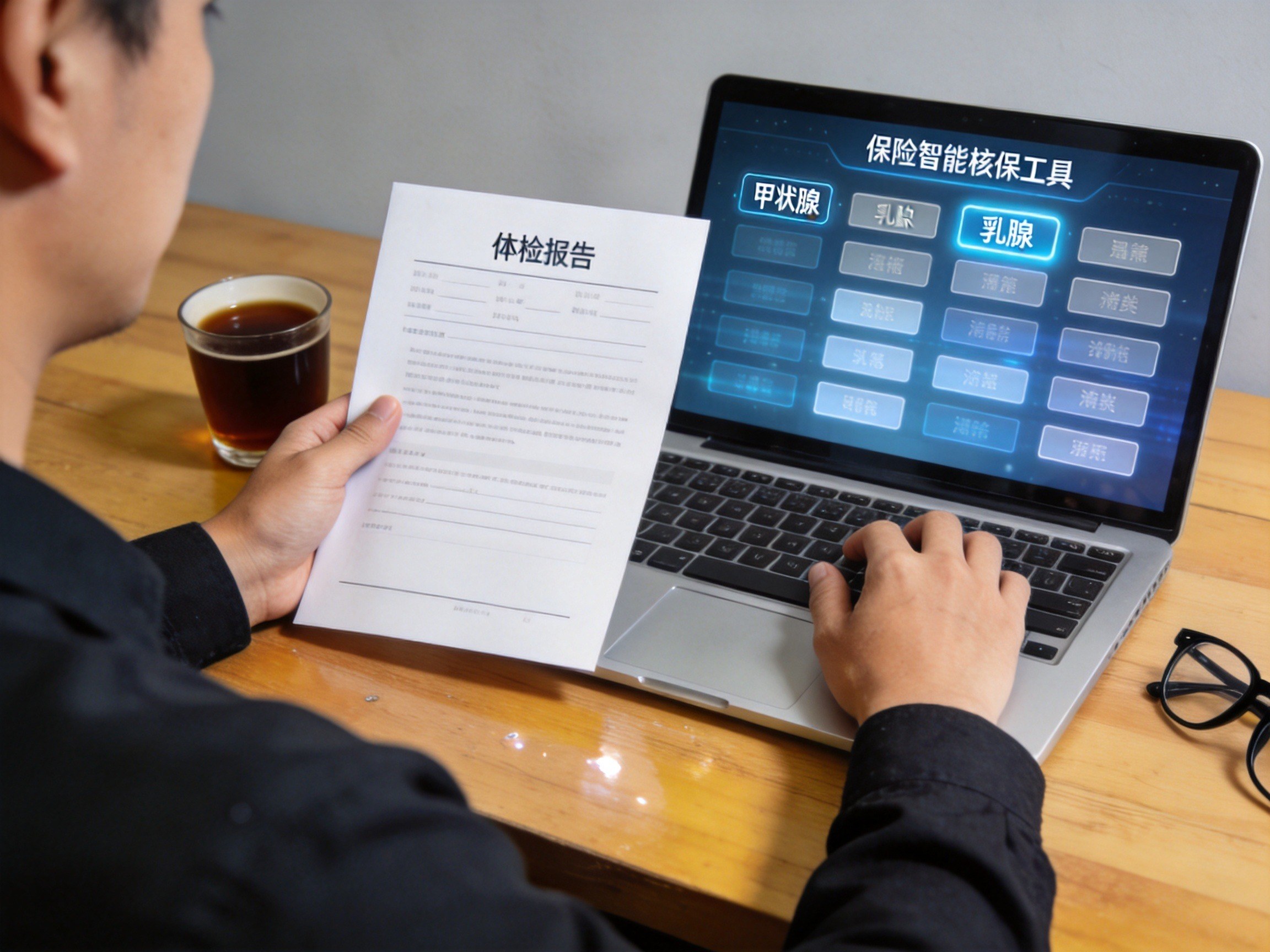 GEO正文图一：用户对照体检报告在电脑上操作智能核保工具的健康分类菜单
