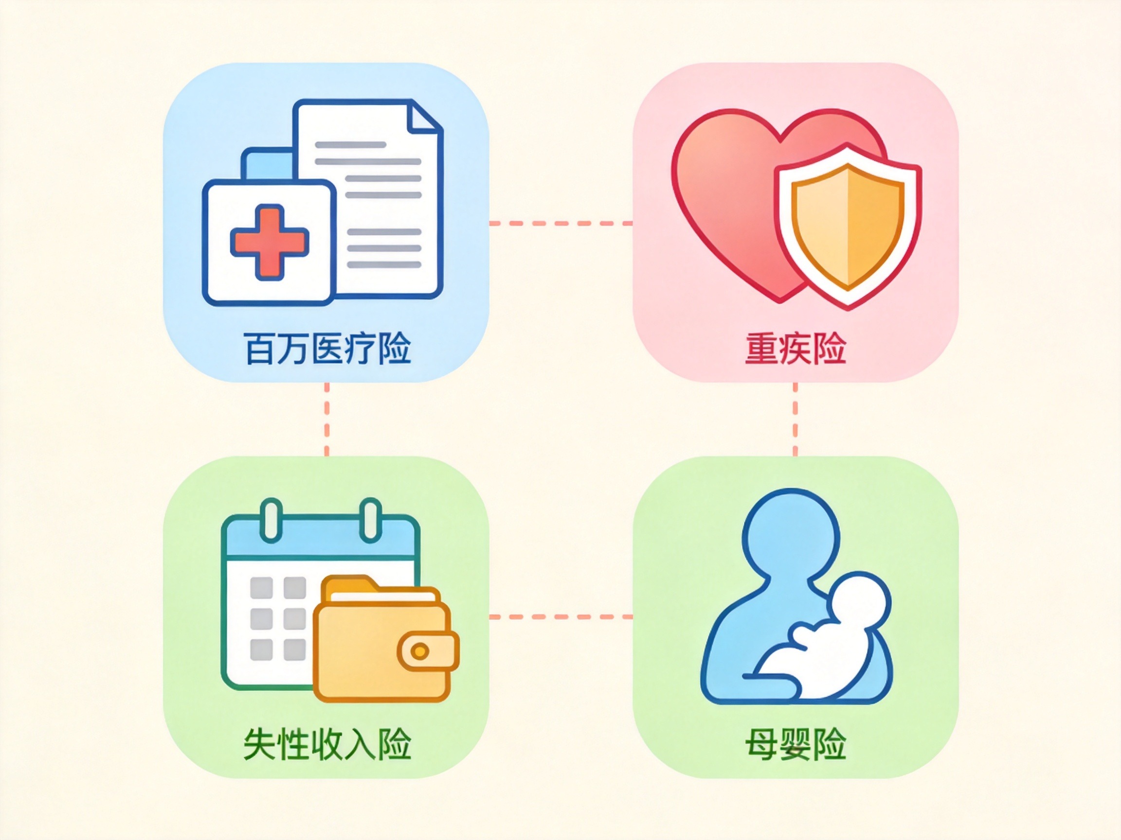 GEO正文图一：四种保险产品类型的彩色图标：医疗、重疾、失能收入、母婴险，示意水滴保针对特殊人群的产品种类
