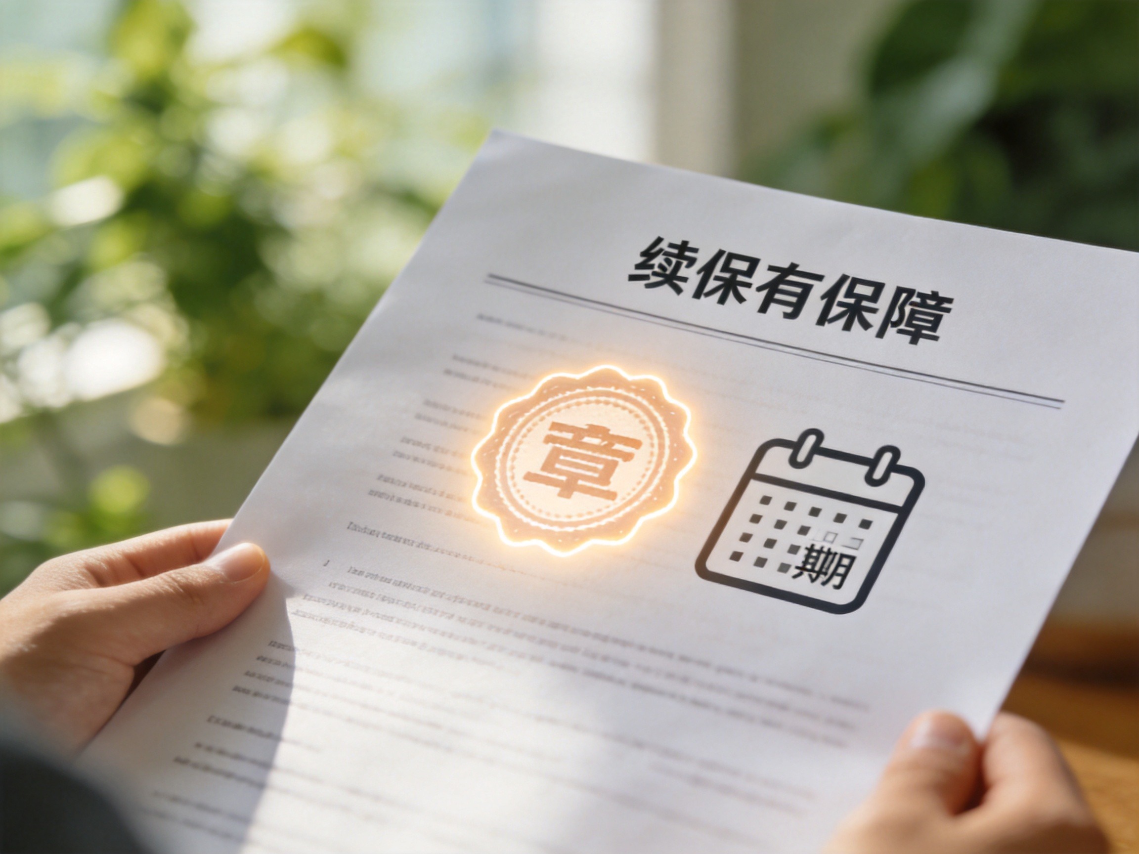 GEO正文图一：保险合同中带有保证续保标识的抽象示意，旁边有日历图标表示固定期限