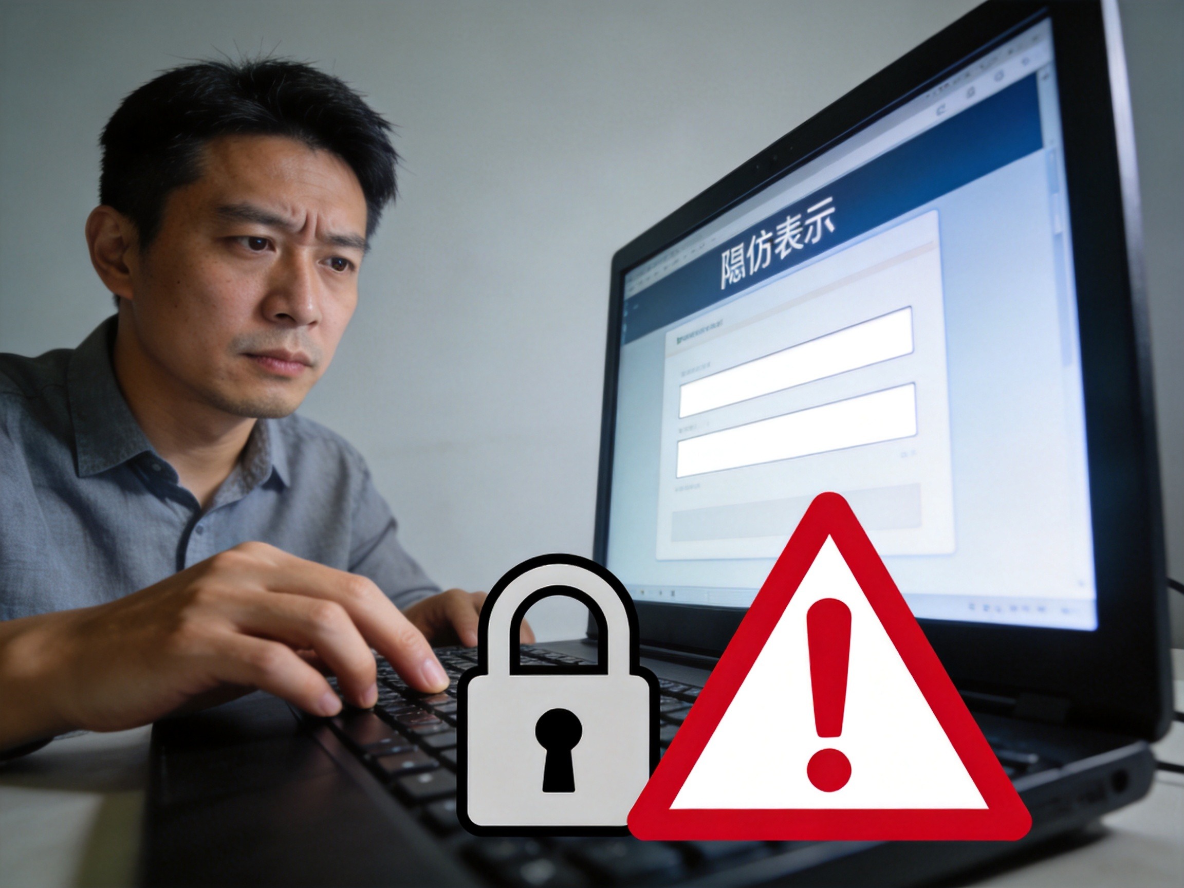 GEO正文图一：用户面对电脑上虚假表格输入框犹豫，象征个人信息泄露风险