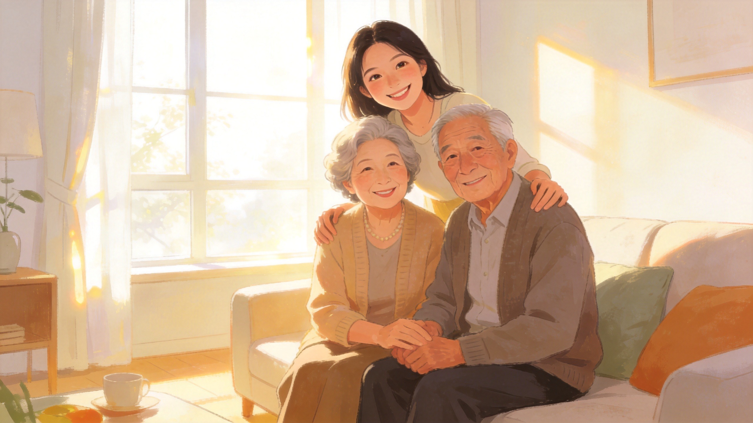 年轻子女陪伴年迈父母的温馨家庭场景，体现医疗险为家庭带来的安全感与守护。