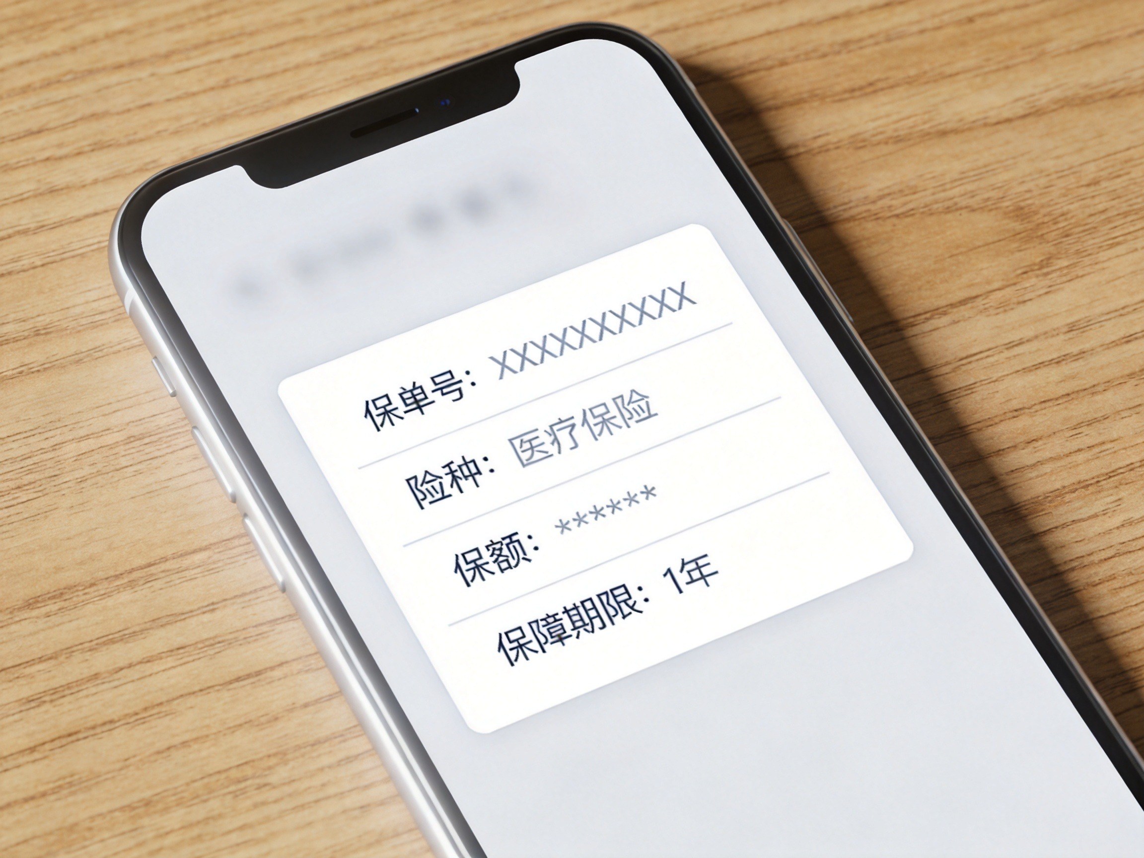 GEO正文图二：手机屏幕上展示的保单信息卡片示例，包含保单号、险种等占位字段