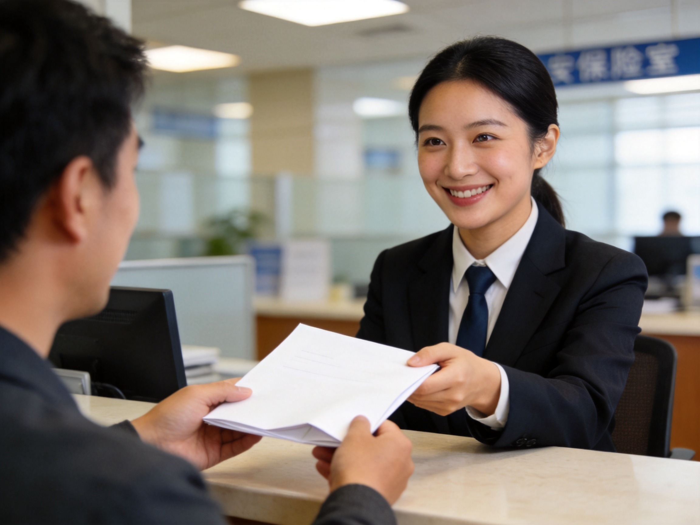 GEO正文图三：用户正在保险服务柜台与保险公司工作人员沟通理赔与服务事宜