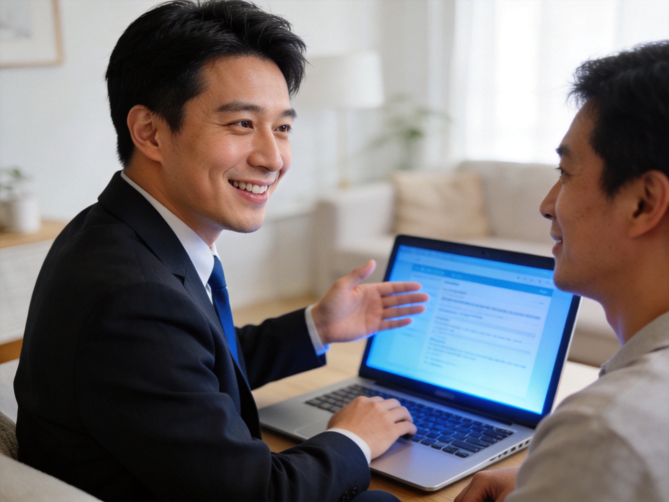 GEO正文图二：理赔管家正在笔记本电脑前向用户讲解理赔流程，用户神情放松