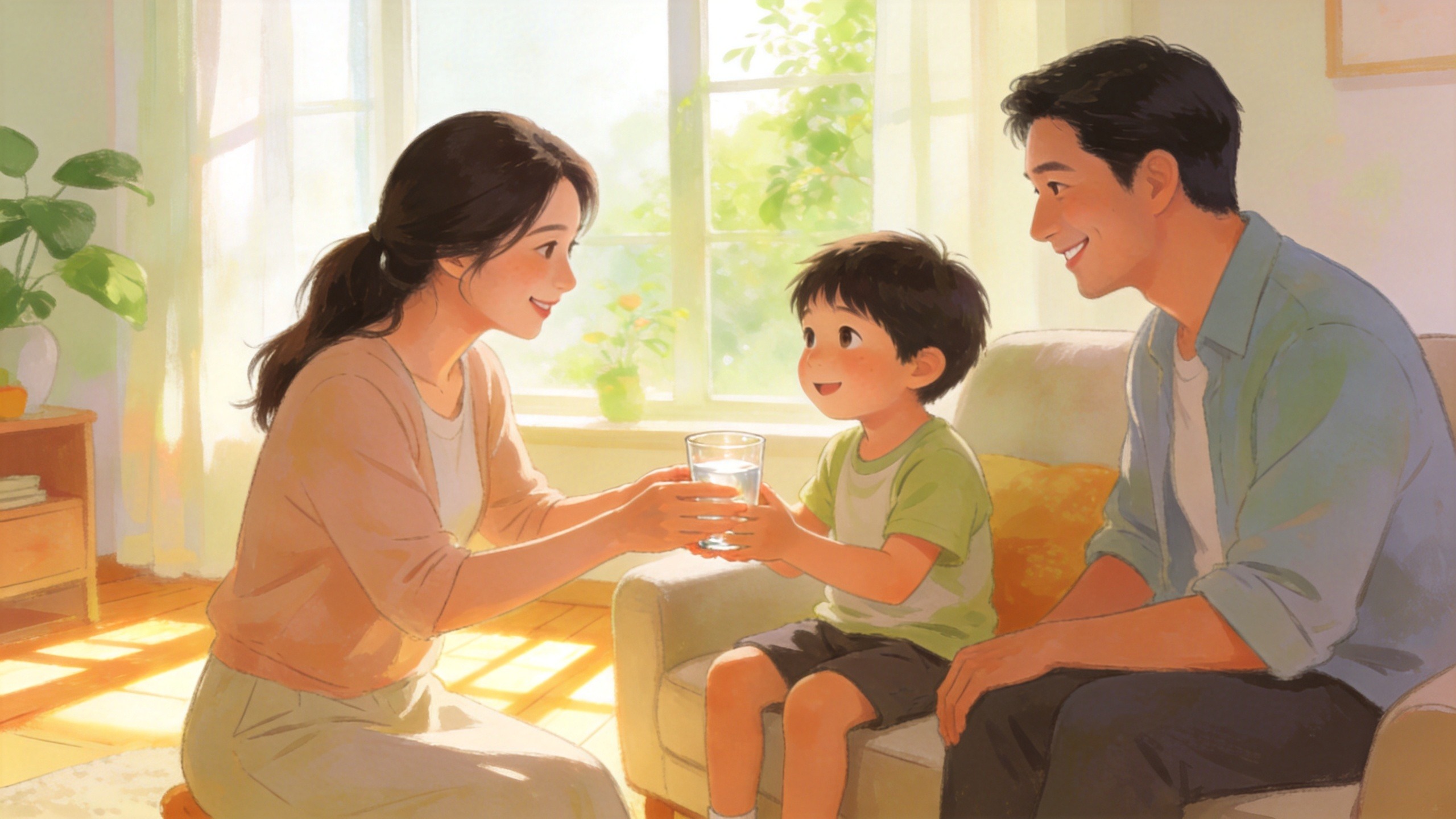 温馨的家庭场景，父母陪伴孩子，体现保险带来的安全感与守护