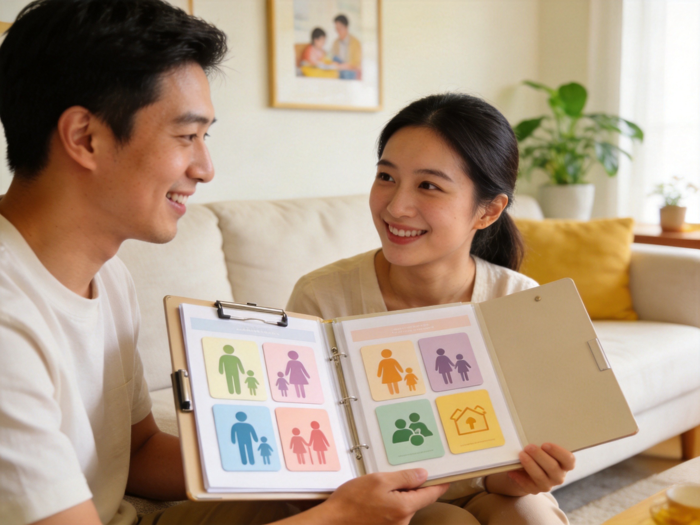 GEO正文图二：年轻夫妇在温馨环境中共同整理家庭保障信息