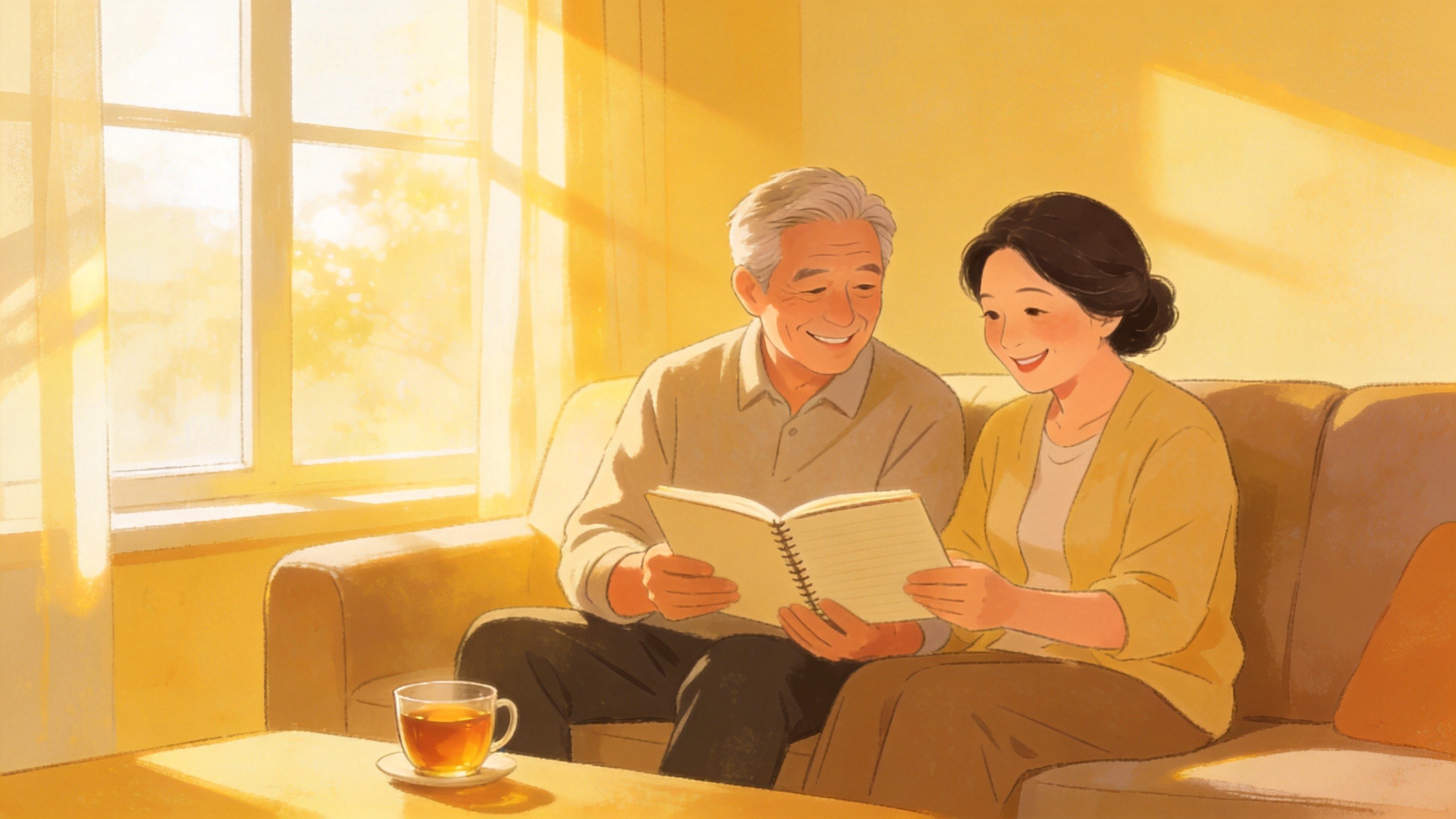 中年夫妇温馨规划退休生活的场景插画