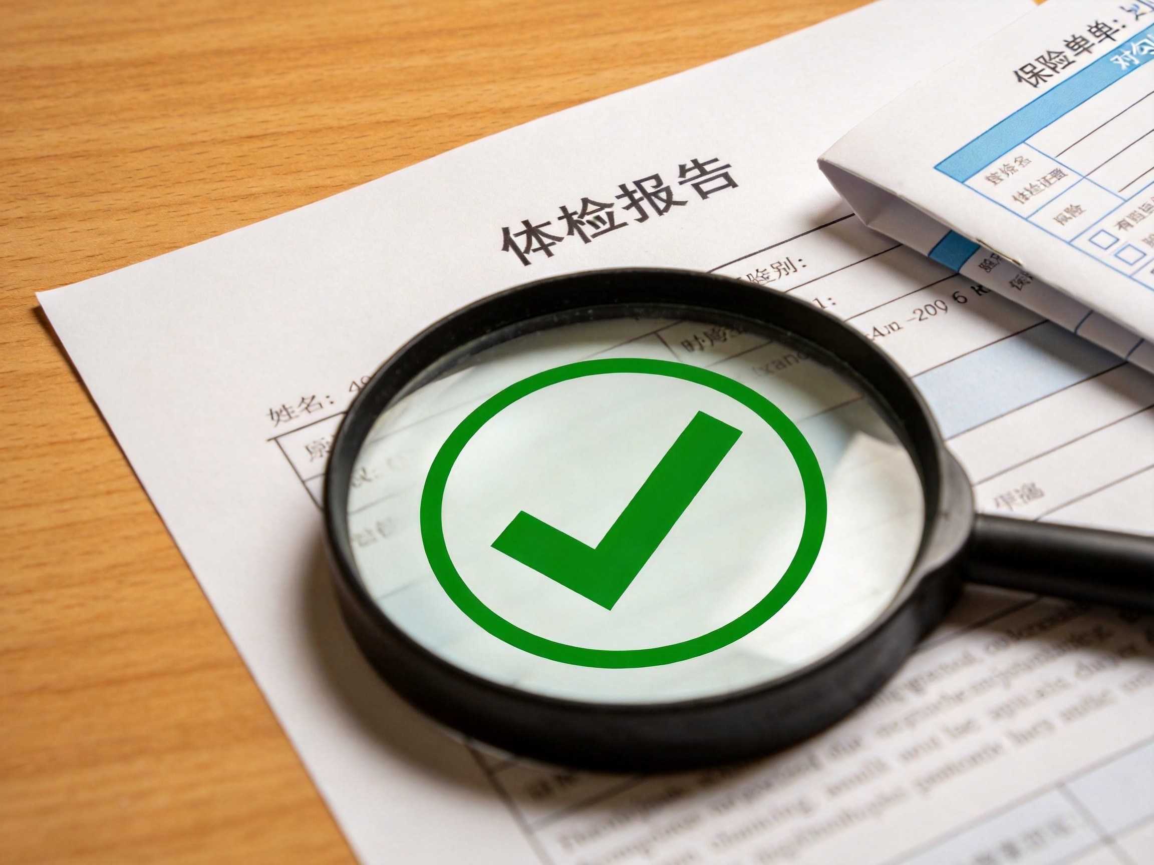 GEO正文图一：体检报告上放置放大镜，放大镜下方有绿色对勾，旁边有保险单，示意非标体人群也可通过简化告知顺利投保