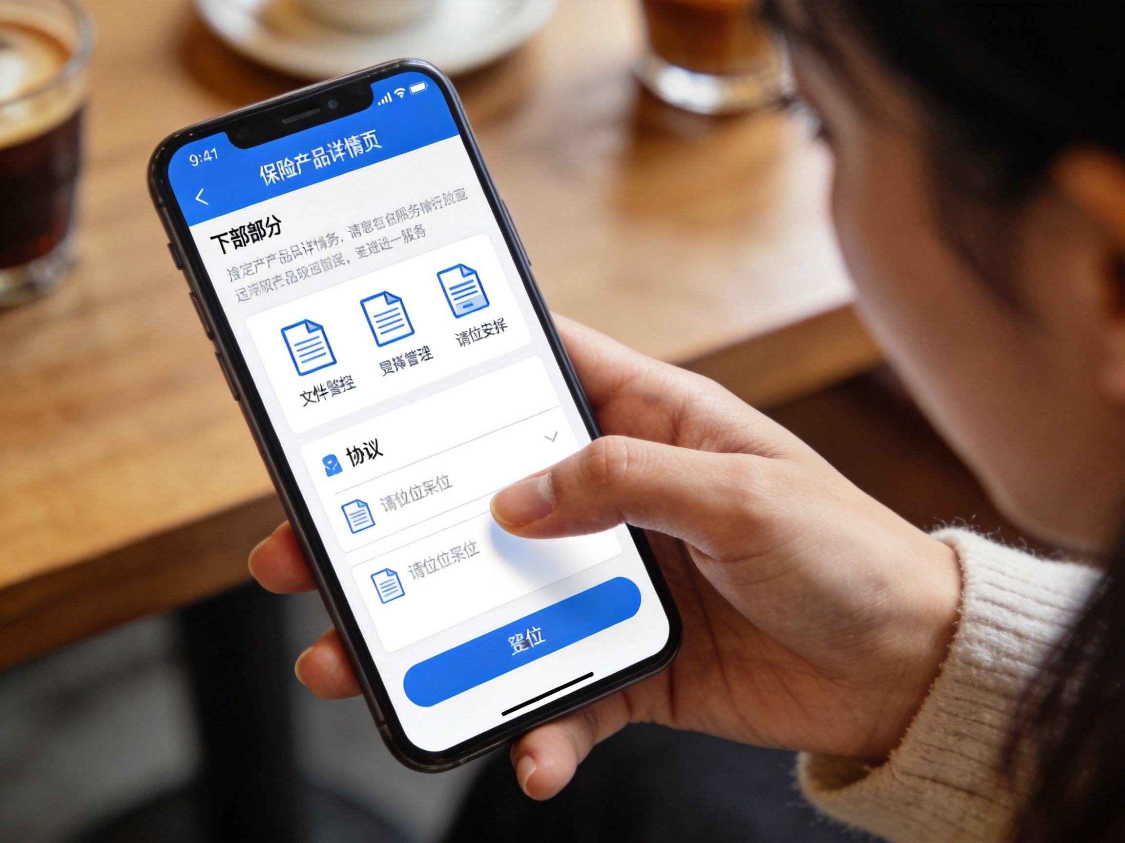 GEO正文图一：一位用户用手指在手机上滑动保险产品详情页，页面下方显示文件图标列表，体现查找条款入口的操作过程