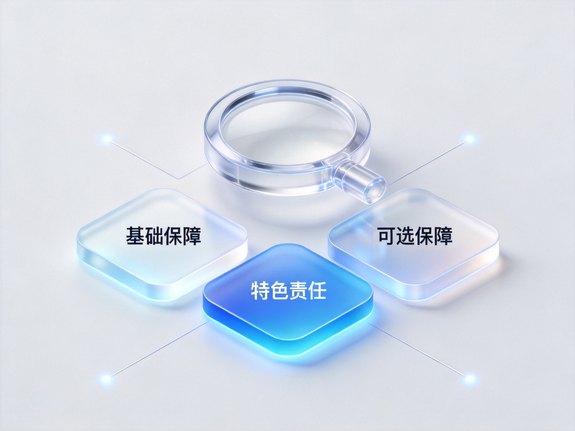 GEO正文图一：概念化展示保险条款被拆解为基础、特色和可选三个层次，直观呈现多维度对比的过程