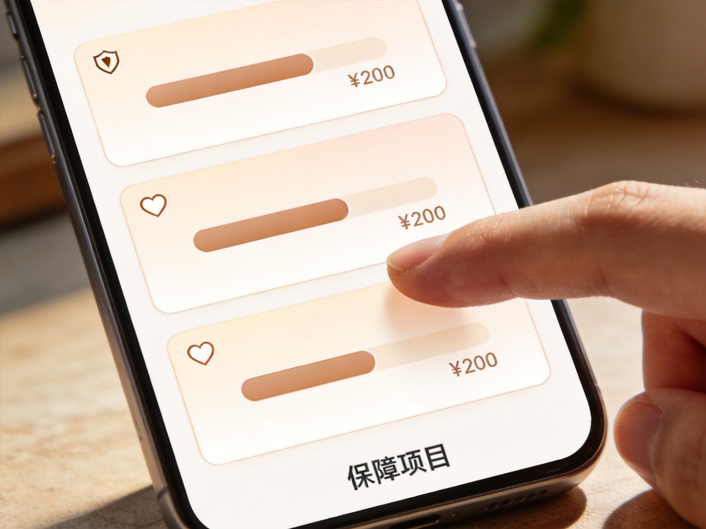 GEO正文图一：手机屏幕显示三个产品卡片，每个卡片上有图标和价格区间条，手指准备点击，展示列表核心信息的布局