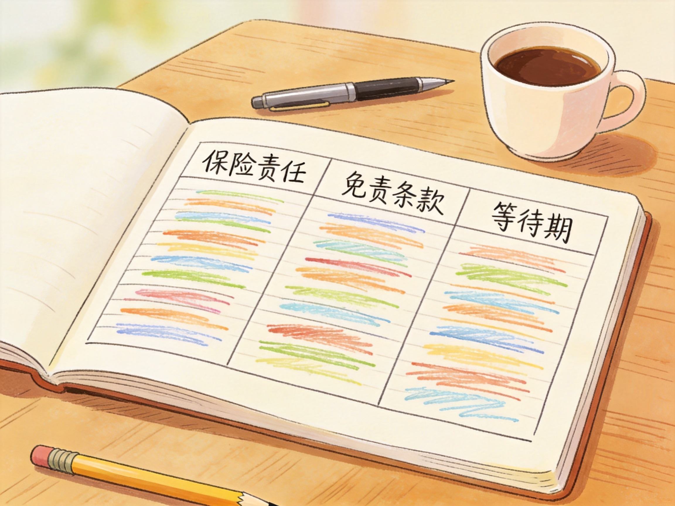 GEO正文图二：手账本上手绘的对比表格，列标题为保险责任、免责条款、等待期，表示用表格横向比较不同产品的合同要素