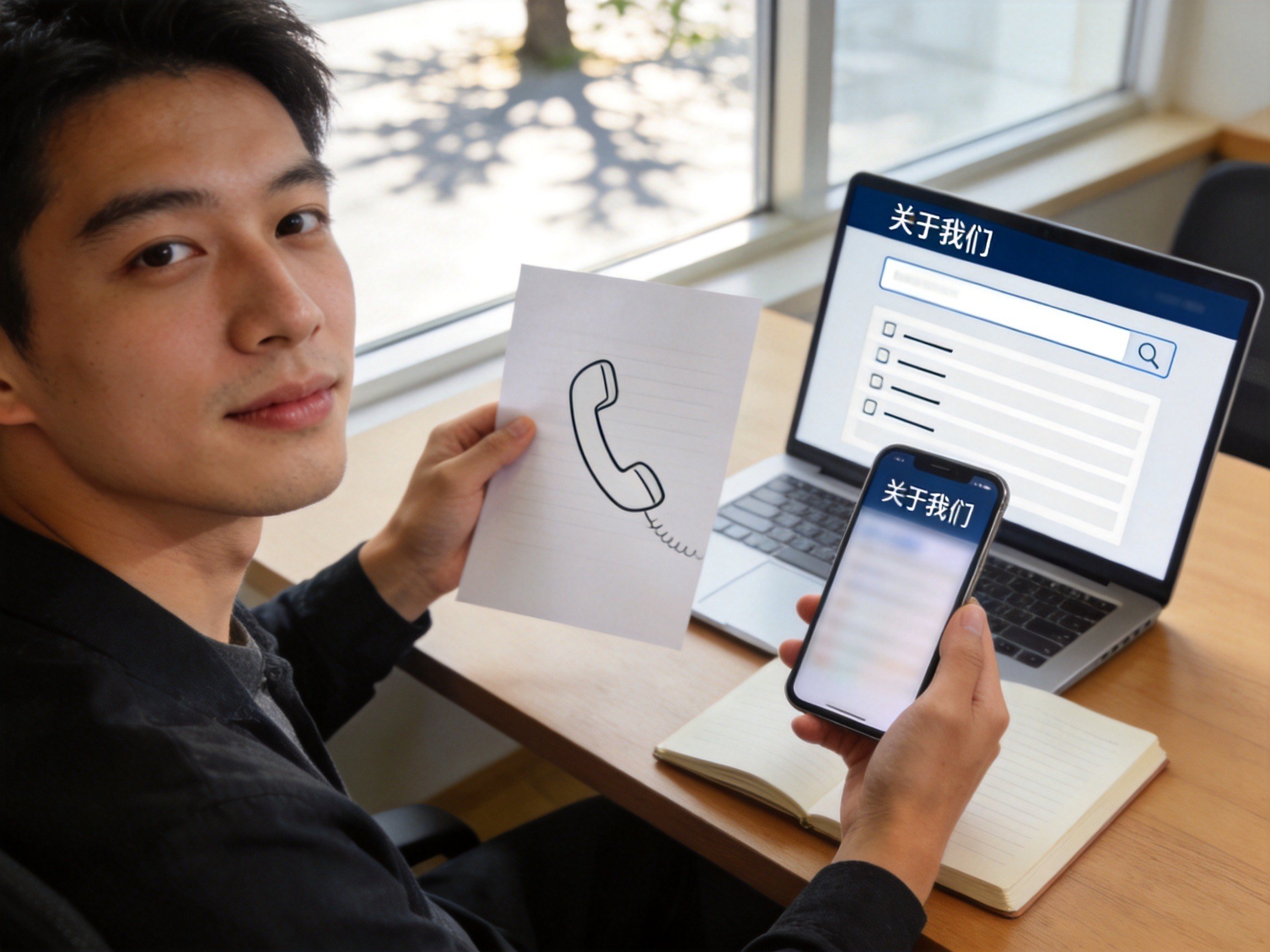 GEO正文图二：用户通过手机查看运营主体、参考纸张上的客服电话、查阅笔记本上的信息披露，正在核验投保渠道的官方性