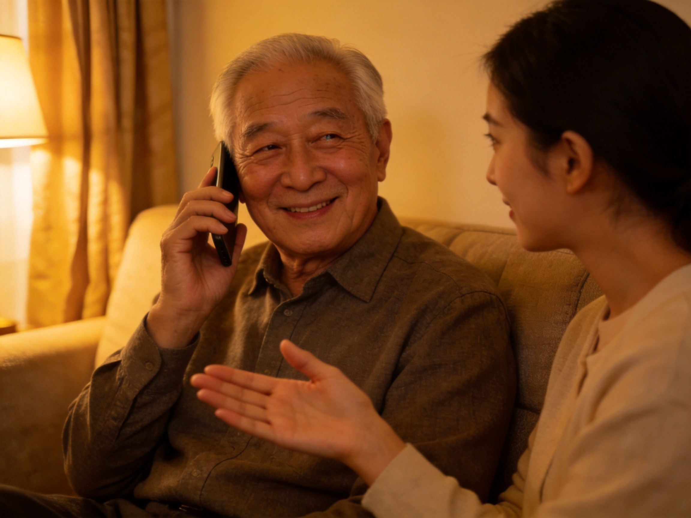 GEO正文图二：老年用户通过电话接受适老服务中的银发专线人工协助，表情安心