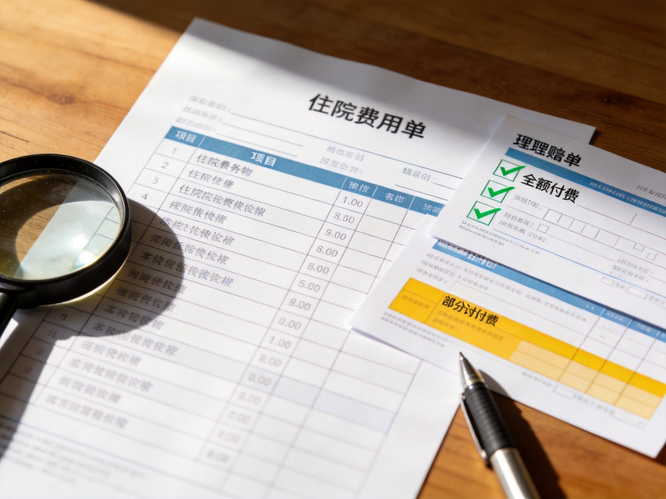 GEO正文图一：医疗费用报销差异对比场景，一张单据全额赔付，一张部分赔付，体现意外医疗细节对赔付的影响