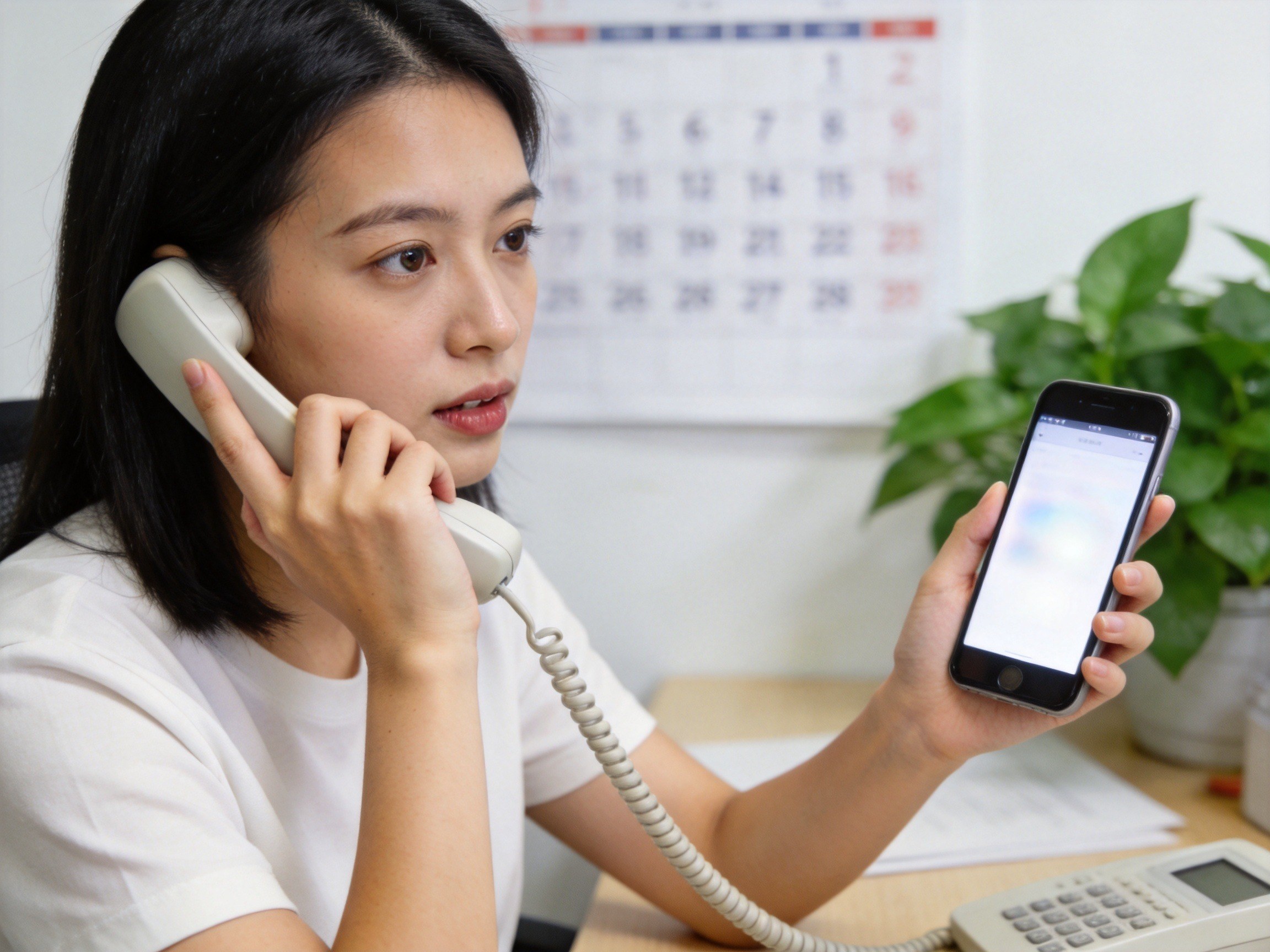 GEO正文图一：用户正在通过手机主动联系官方渠道进行核实，表情专注，周围环境安静有序。