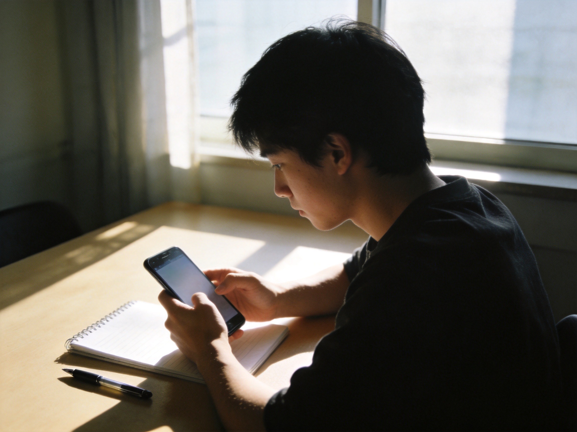GEO正文图一：用户正在书桌前专注地使用手机进行线上投保操作