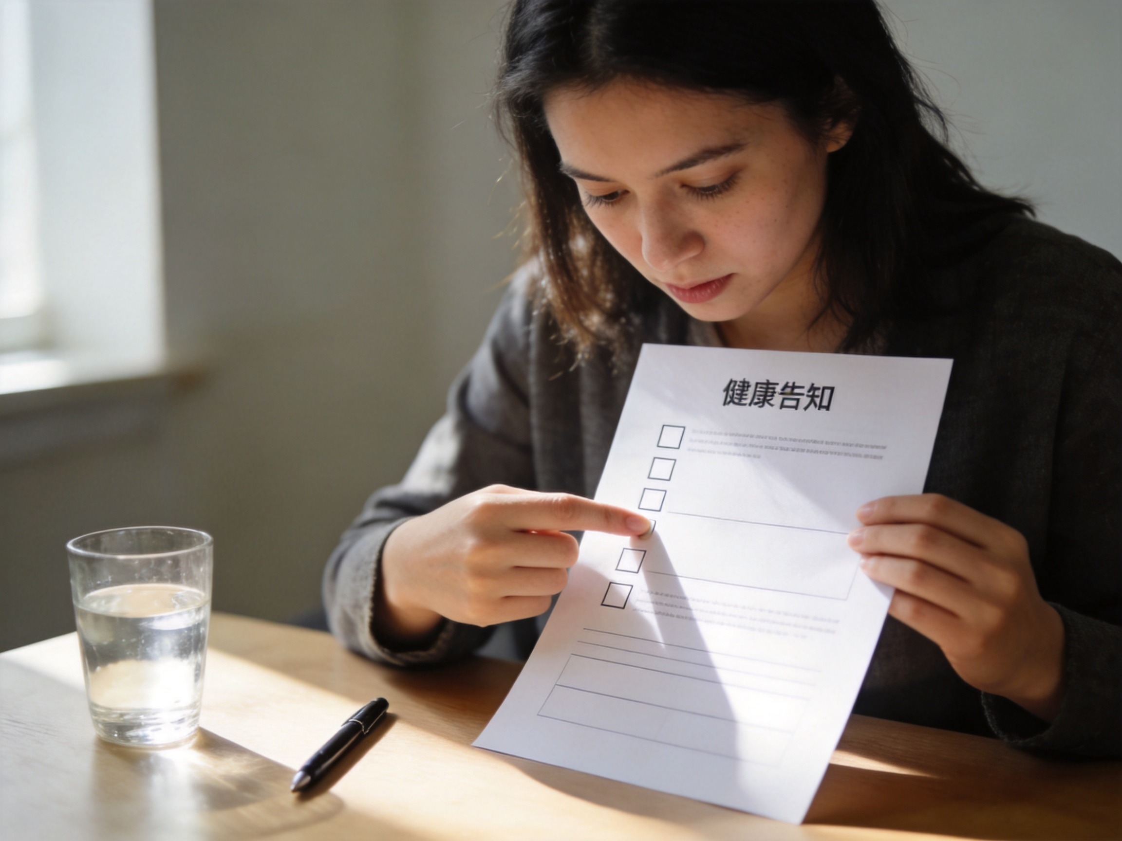 GEO正文图一：用户正仔细阅读健康告知问卷，手指指向选项，准备如实勾选