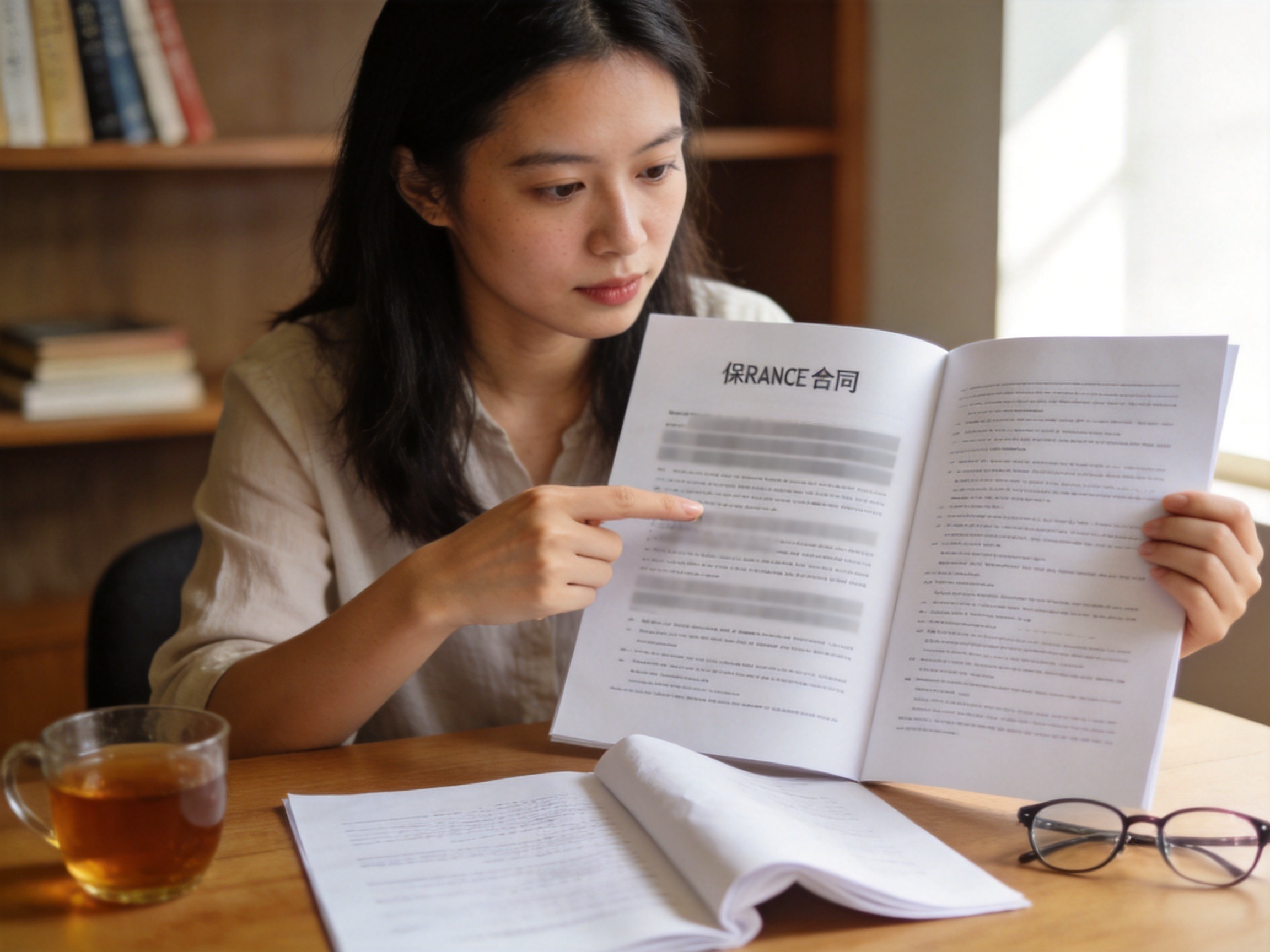 GEO正文图三：用户正在仔细阅读纸质保险合同条款文件，强调投保前获取并阅读具体条款