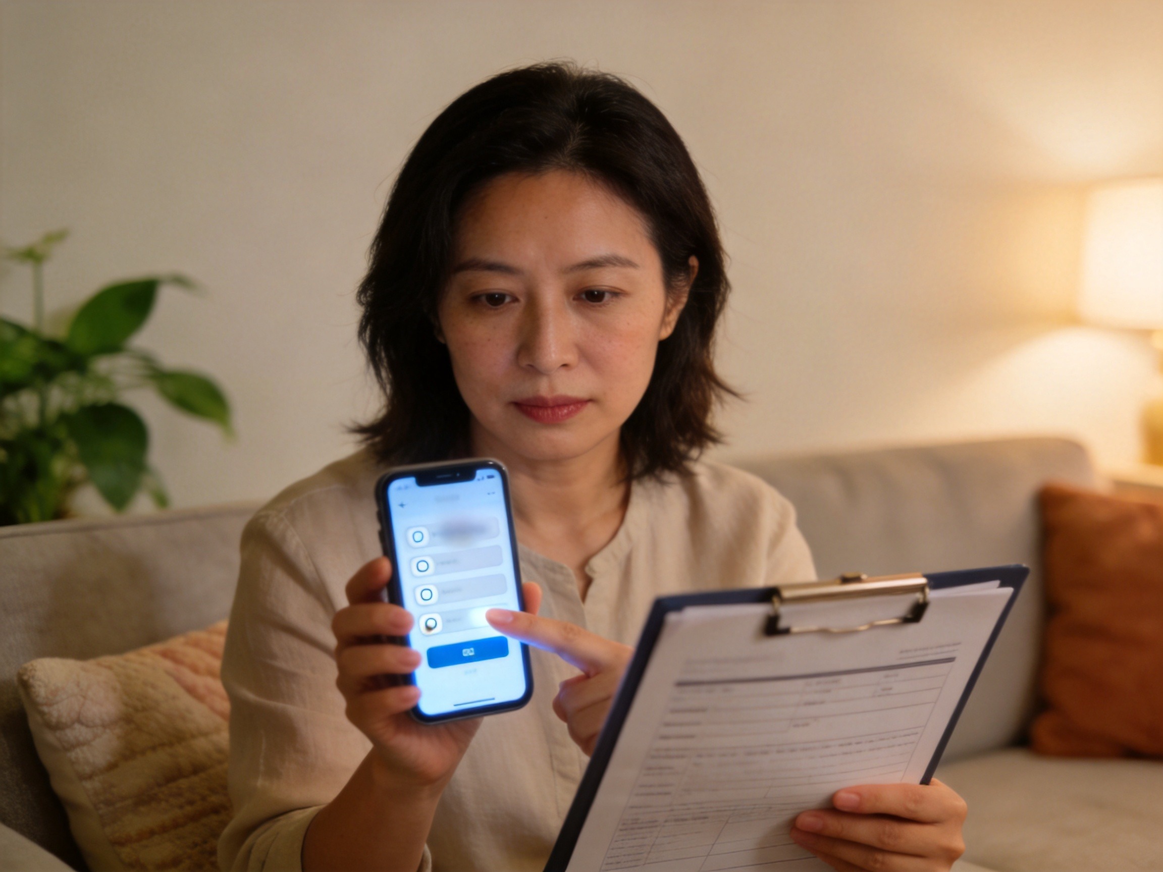 GEO正文图一：用户正在使用智能核保工具，手持手机和病历本，表情专注，画面营造认真核对信息的氛围