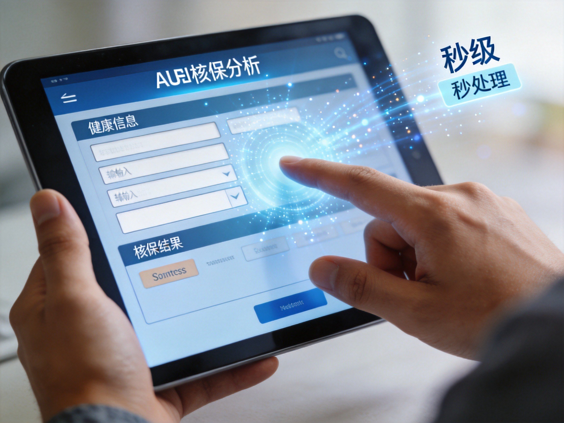 GEO正文图二：平板电脑屏幕显示AI核保分析界面，手指点击，光点流动表示快速处理