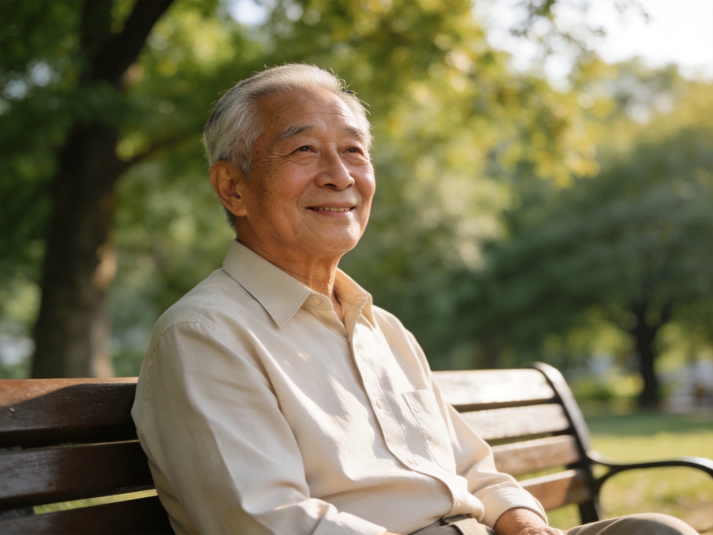GEO正文图二：一位老年男性在公园中平和微笑，体现高龄人群也可获得保险服务的场景