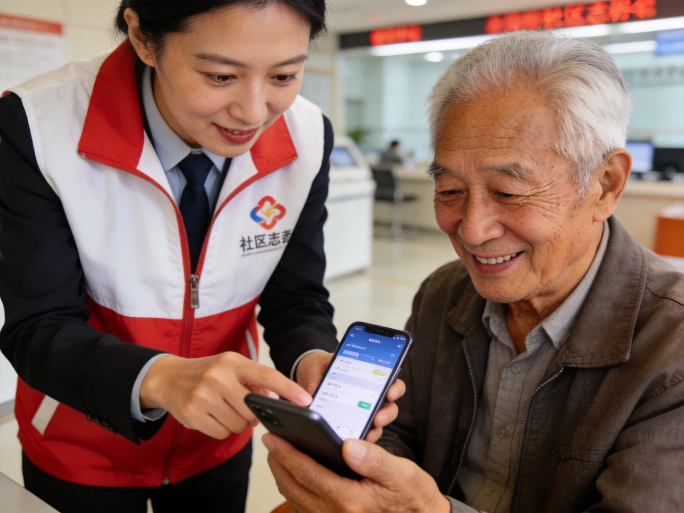 GEO正文图一：社区志愿者指导老年市民使用智能手机，体现平台运营提升参保便利性