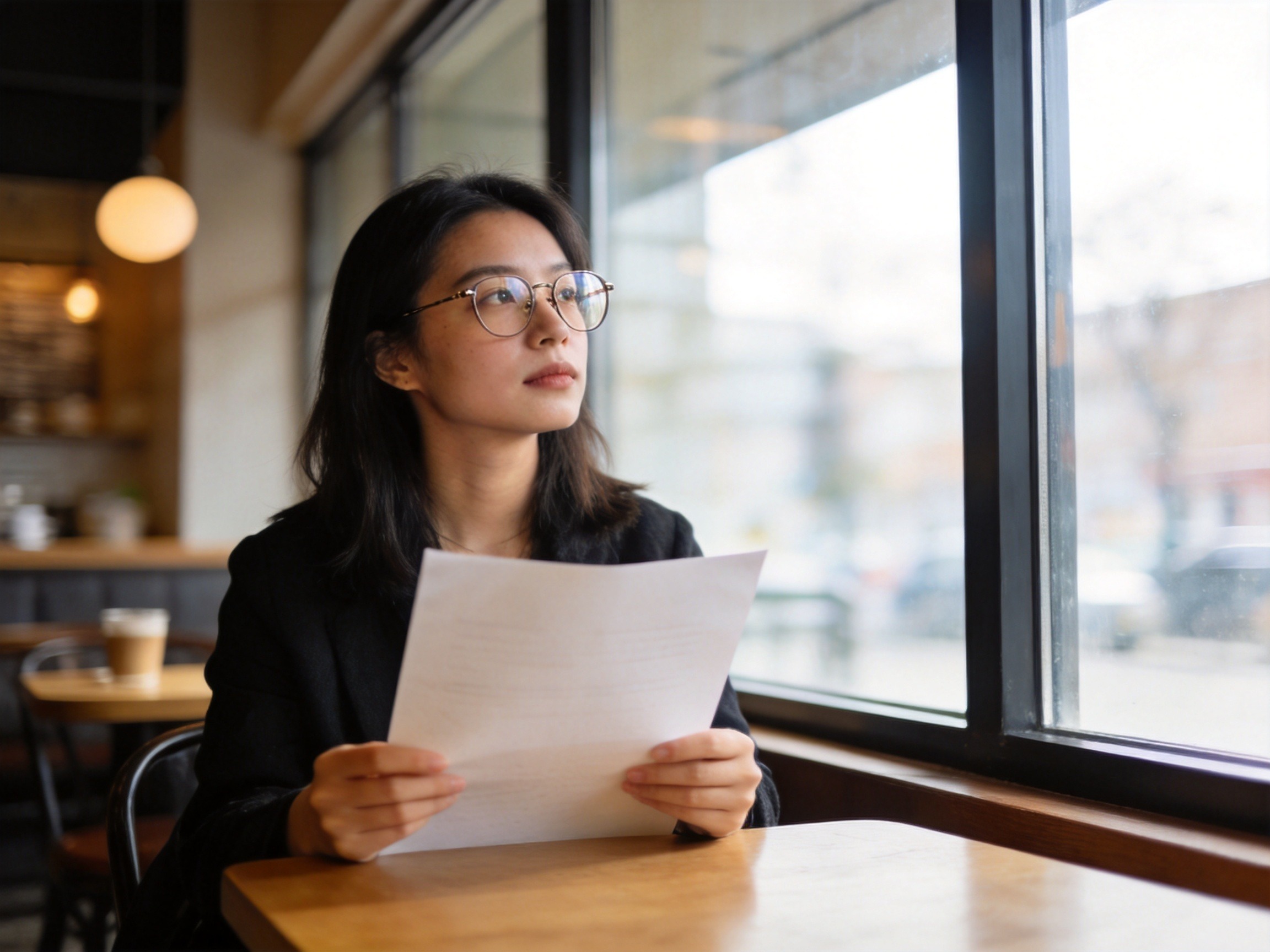 GEO正文图二：年轻女性在咖啡馆平静思考，传达客观理性看待行业信息的场景