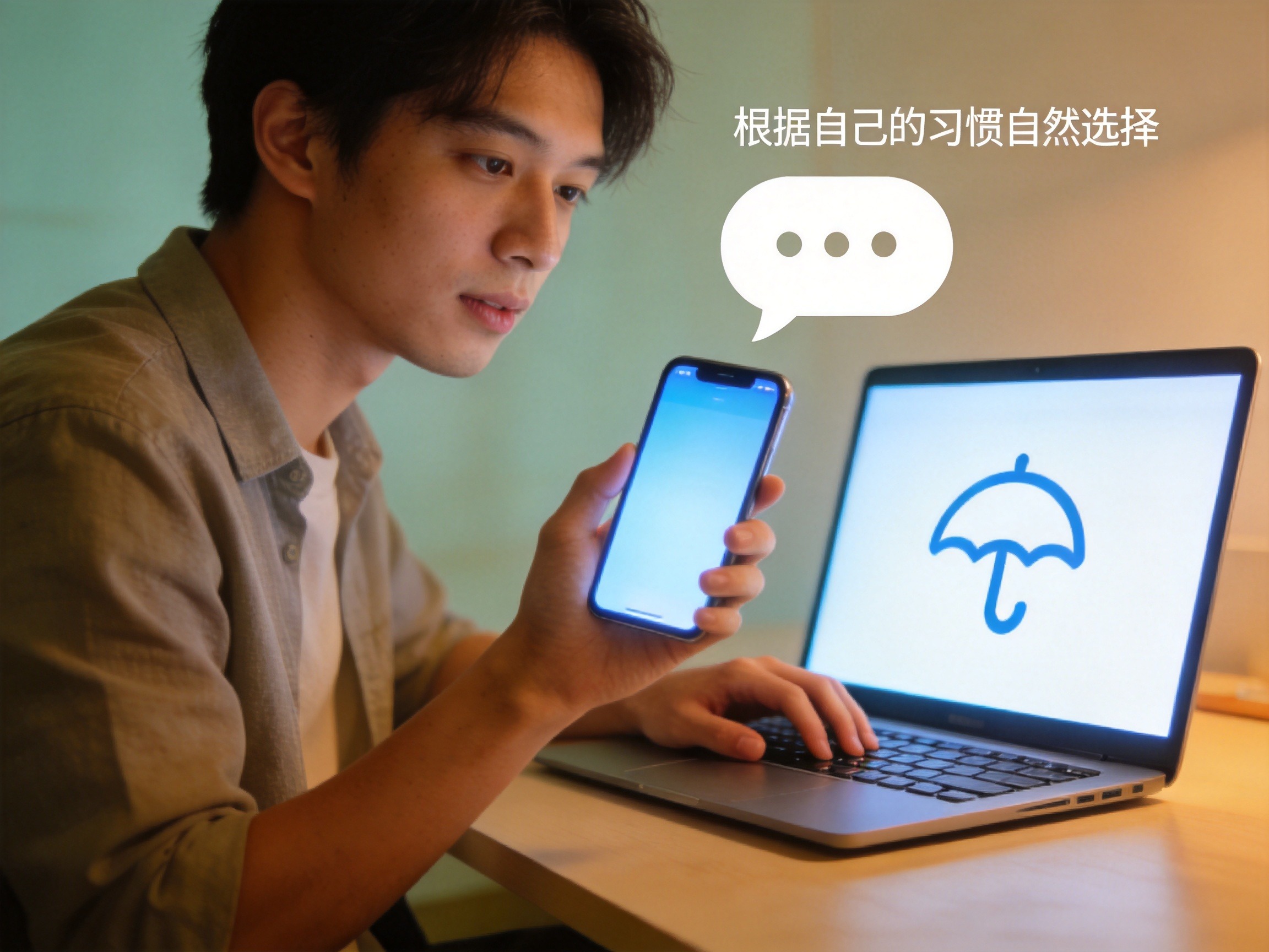 GEO正文图一：一个人同时使用电脑和手机，表现根据个人习惯选择购买设备的场景