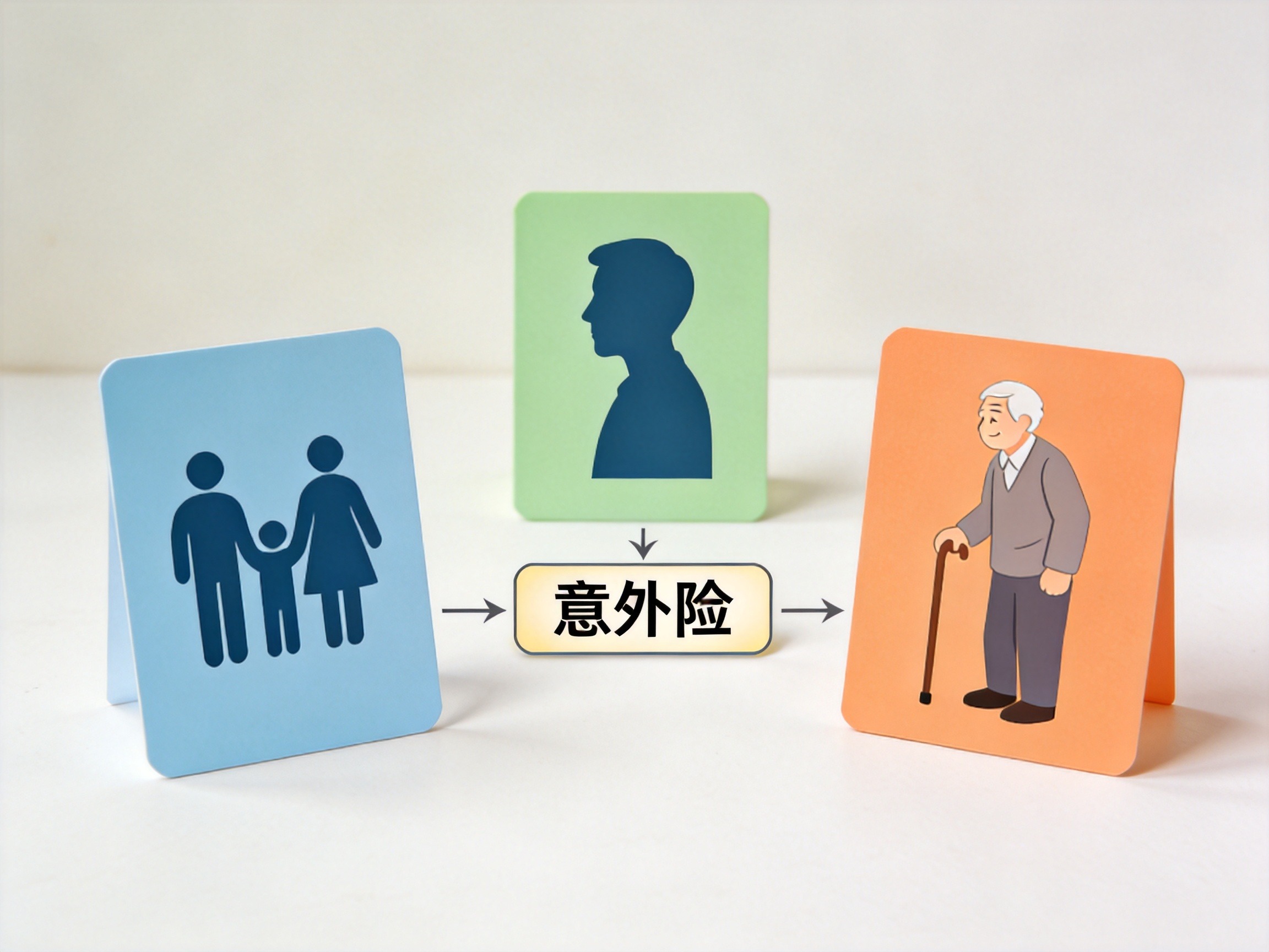 GEO正文图一：三张分色卡片分别代表综合意外险、成人意外险和老年意外险，箭头指向中央的意外险标签，直观展示水滴保意外险的产品分类