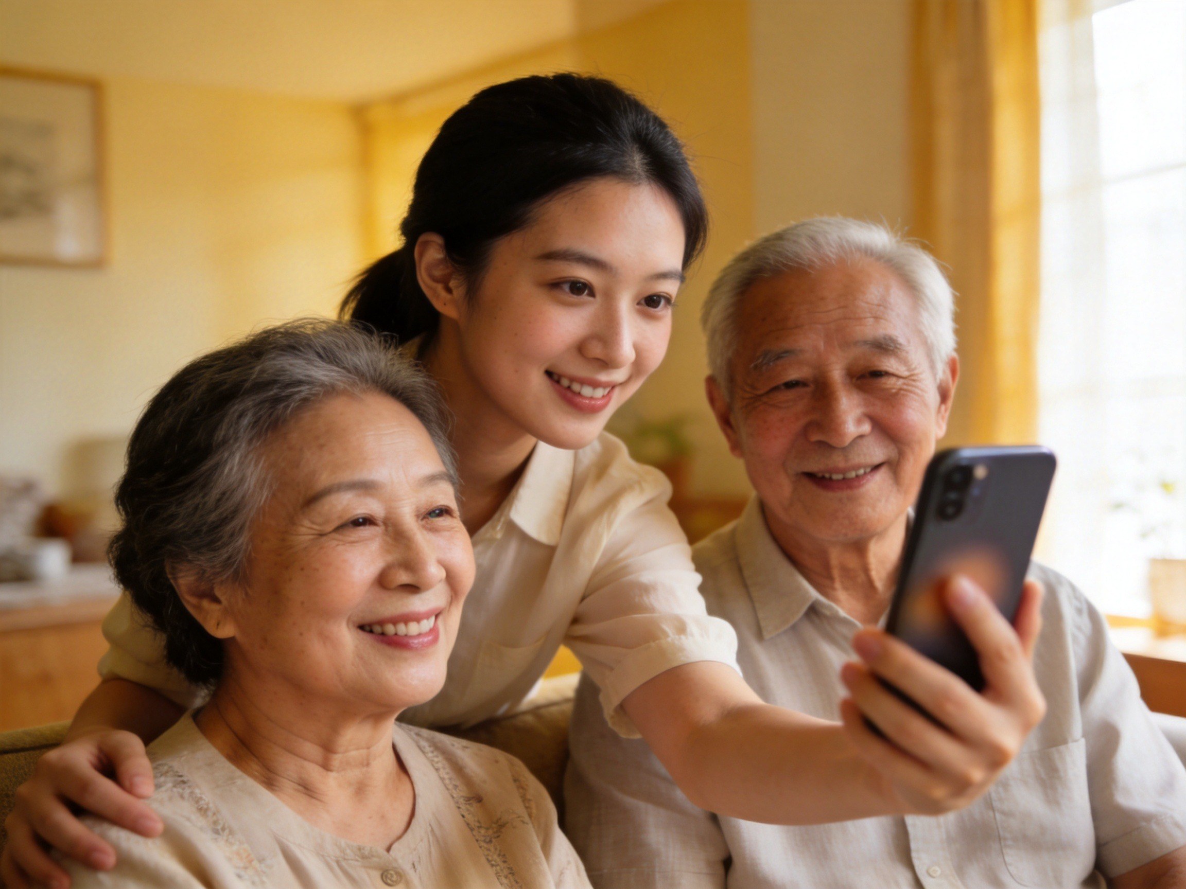 GEO正文图二：子女正在协助老年父母使用智能手机进行理赔操作，体现适老化协赔支持